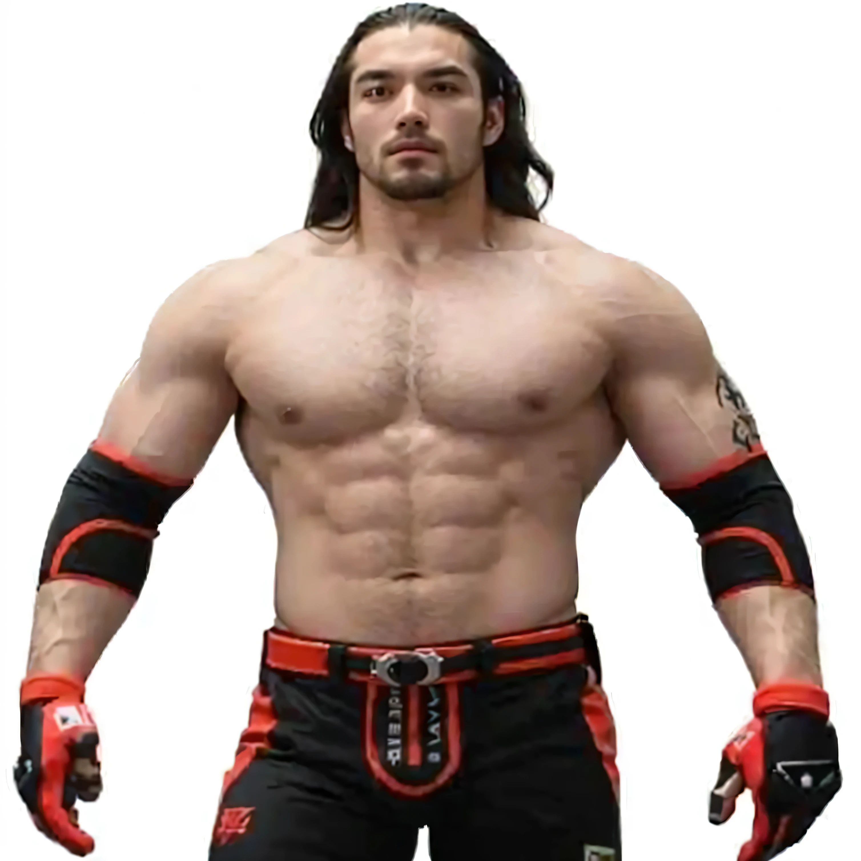 A man with long hair and a red belt stands in a wrestling ring, Ganzkörper Greg Rutkowski, johnny silverhand, als Charakter in Tekken, Haut : Tjalf Sparnaay, furio tedesschi, jonathan winterhart, Kazuki Tanahashi, inspiriert von Awataguchi Takamitsu, alexandros pyromallis