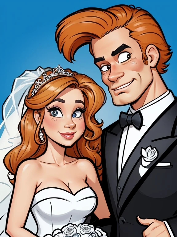 SexyToon, 8k, a drawing of a bride and groom with their dogs, caricature illustration, caricature style, caricature, in cartoon style, caricature!!!, cartoon portrait, couple portrait, by Hugh Hughes, by Melissa Benson, detailed portrait, couple portrait, added detail, caricature, by Paul Davis, Wedding, caricature, color illustration, digitally colored, digital color illustration
