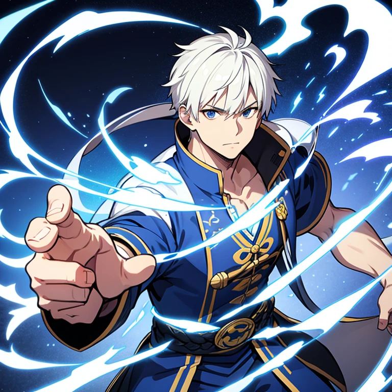 White-haired middle-aged man with lightning in his hands, Blue Taoist robes, forte