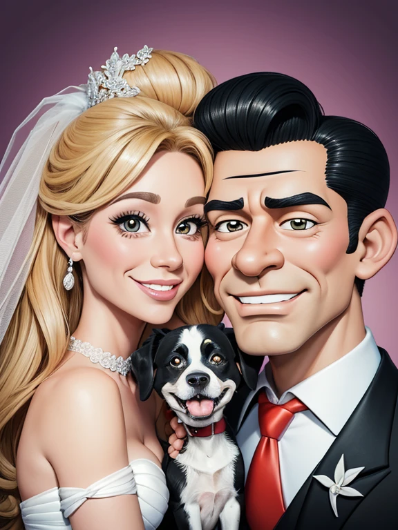 SexyToon, 8k, a drawing of a bride and groom with their dogs, caricature illustration, caricature style, caricature, in cartoon style, caricature!!!, cartoon portrait, couple portrait, by Hugh Hughes, by Melissa Benson, detailed portrait, couple portrait, added detail, caricature, by Paul Davis, Wedding, caricature, color illustration, digitally colored, digital color illustration