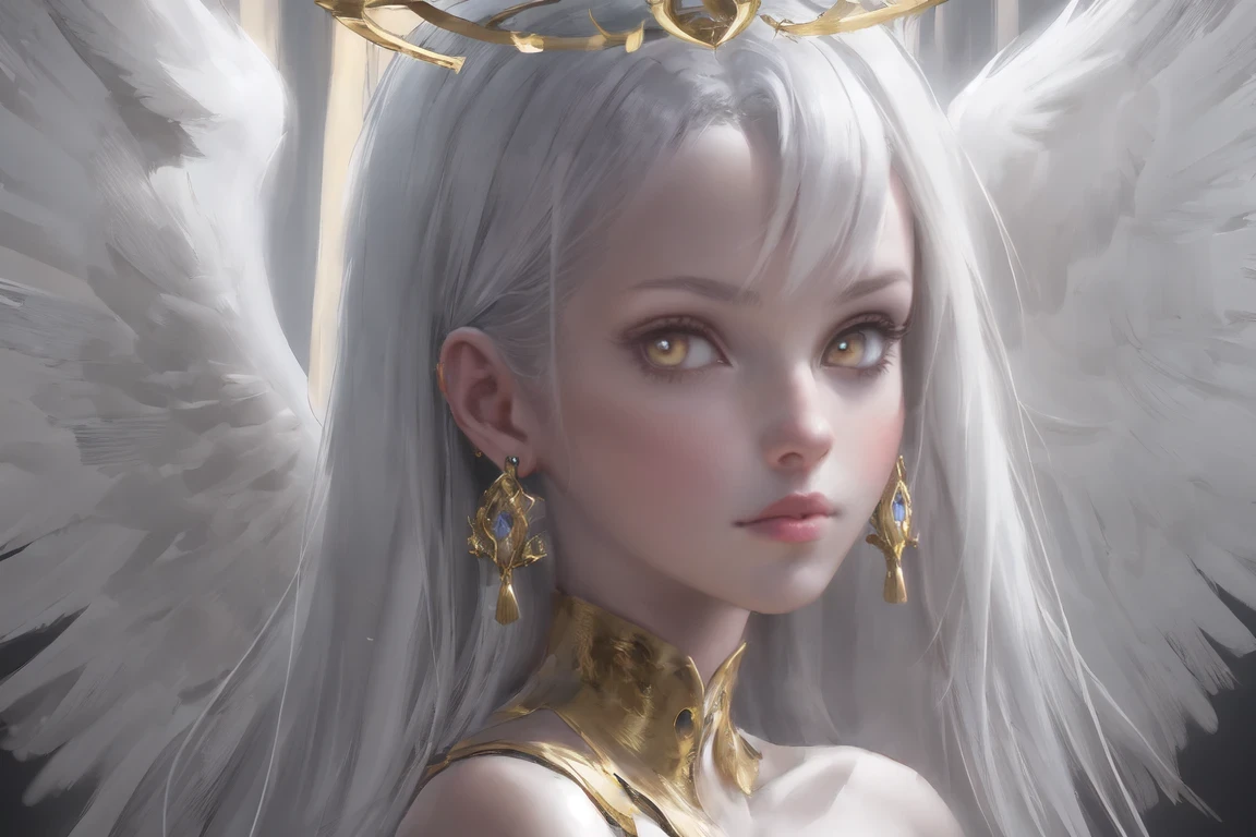masterpiece, best quality, ultra-detailed, illustration, close-up, straight on, face focus, 1girl, white hair, golden eyes, long hair, halo, angel wings, serene expression, looking at viewer