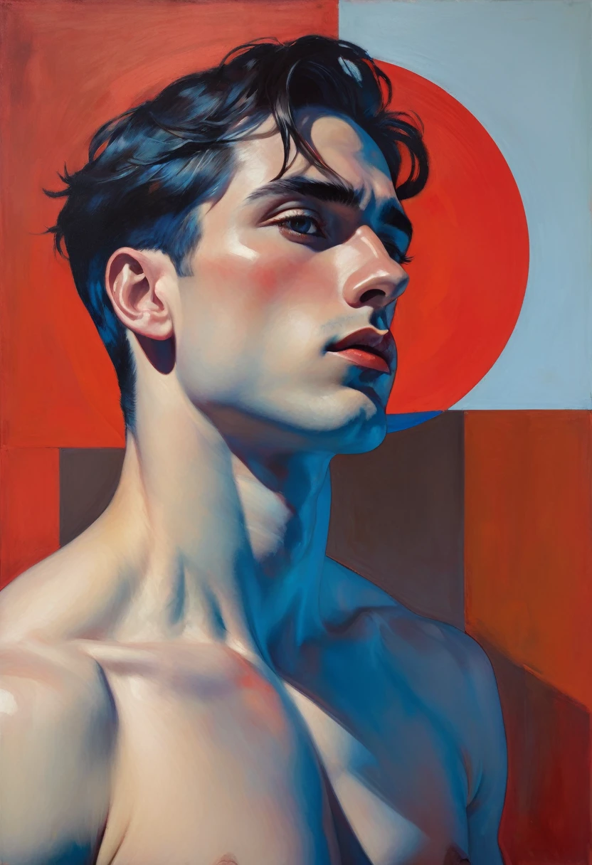 chiaroscuro technique on sensual illustration of an arafed man in white underwear, sexy masculine, diego fazio, male model, by Ludovit Fulla, model with attractive body, inspired by Ludovit Fulla, mid-shot of a hunky, the model draped in flowing, thick oil painting by Harumi Hironaka, extremely soft colors, vibrant, highly detailed, malcolm liepke painting, oil on canvas, high contrast, dramatic, refined, tonal, Create high contrast between light and shadow fire around, there is a red circle on a blue and red square, inspired by Bauhaus, in a shapes background, brown red blue, circle forms, red blue, by Leon Polk Smith, memphis abstract minimal art, graphic shapes, minimal art, blue and red, minimal art style, bauhaus art, inspired by El Lissitzky, bold simple shapes