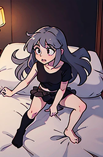 Garota de cabelos pretos longos, encima de uma cama, em um quarto, deitada encima de uma cama, camera angle 90° degrees, opening your legs towards the camera, with your right hand inside your black panties touching your pussy, se masturbando com seus dedos