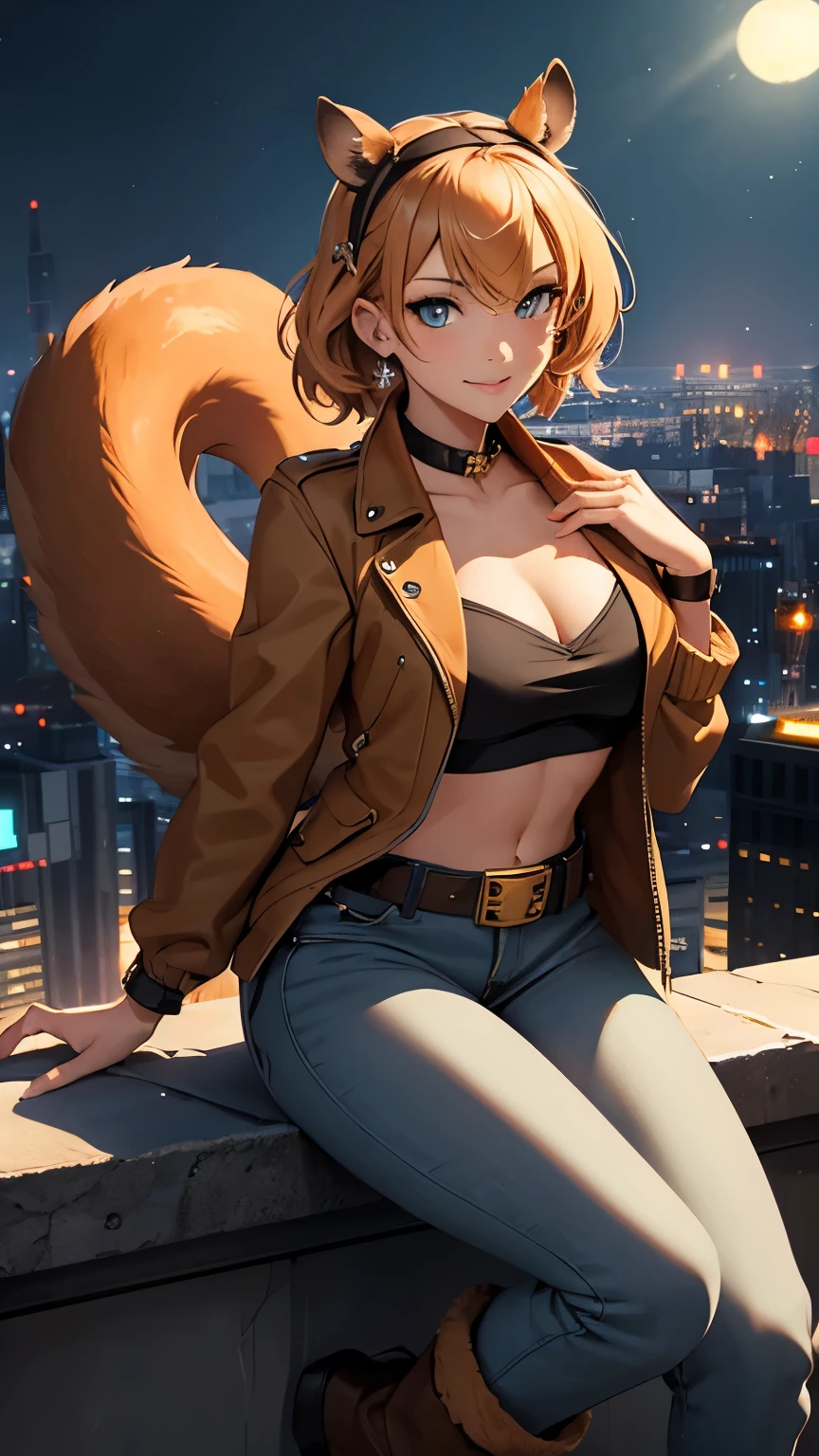 ,(Highly quality, masterpiece, detailed), Night city detailed scenario, Night city detailed background, 20 years old girl, cleavage, smile, green eyes, Squirrel girl, shirt hair, hairband, Brown jacket, orange shirt, crop top, gold belt, white pants, boots, fluffy boots, Squirrel tail, sitting on top of a building, Abdomen, Navel, beautiful eyes, perfect eyes, looking at the viewer, Sexy pose