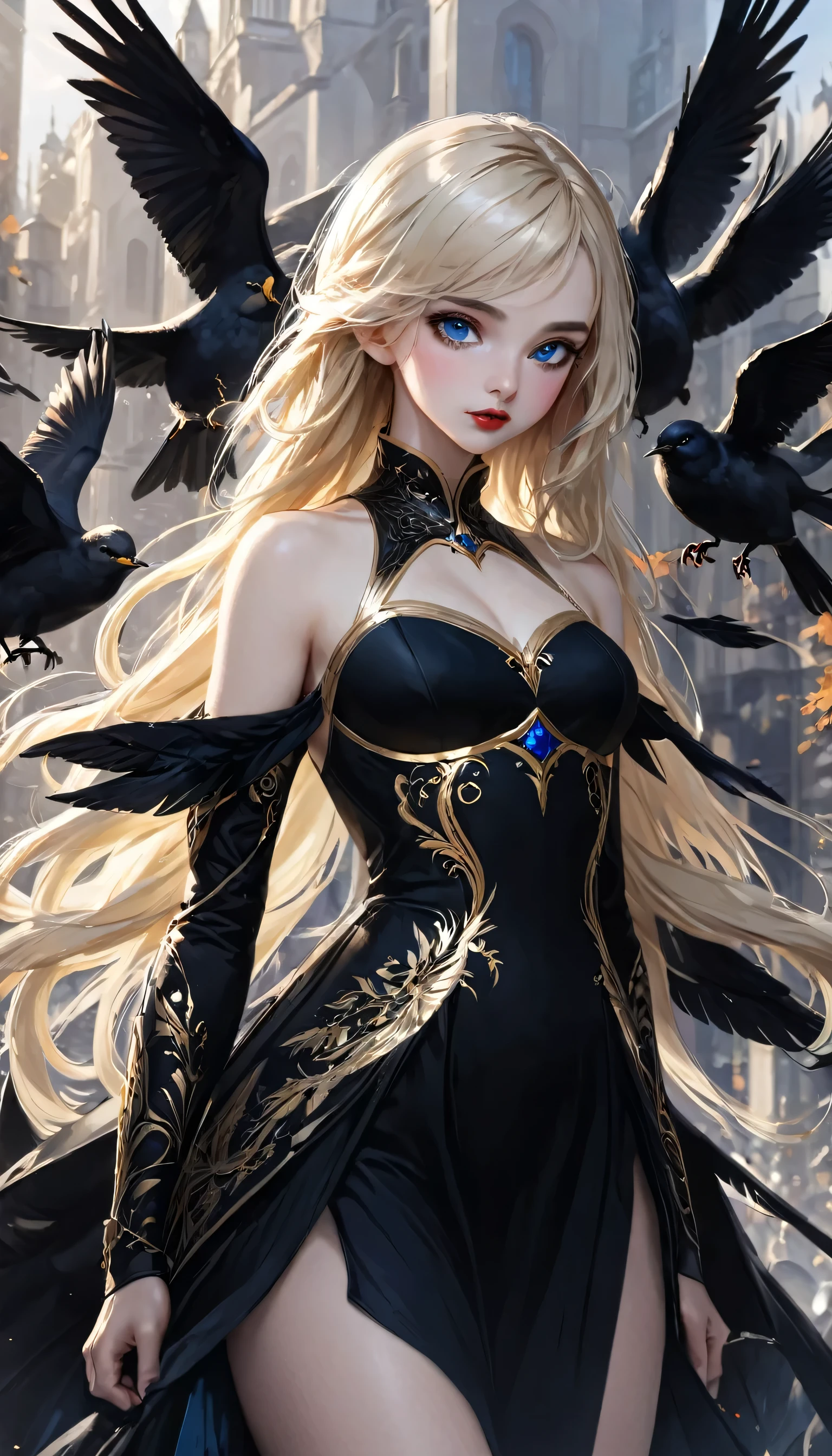 Woman, 1girl, Blue eyes, red lips, Black dress with Golden details, full body, warrior, black birds, white birds, very aesthetic, natural light, intricate, masterpiece, absurdres, best quality, extremaly detailed eyes, gothic, elf, armor, ((long hair)), ((black hair)), ((white dragon background))