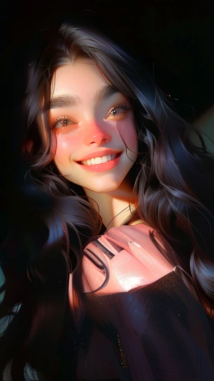 (Obra Prima, Melhor Qualidade, 4K, Realista), Litografia realista, arafa woman with long black hair smiling at the camera, 18 anos de idade, Violeta Myers, 1 8 are, de 19 anos, Kaitlyn Michelle Siragusa, 1 6 anos, linda e sorridente, Kailee Mandel, cerca de 15 anos, 16 anos, 17 anos de idade, she is smiling