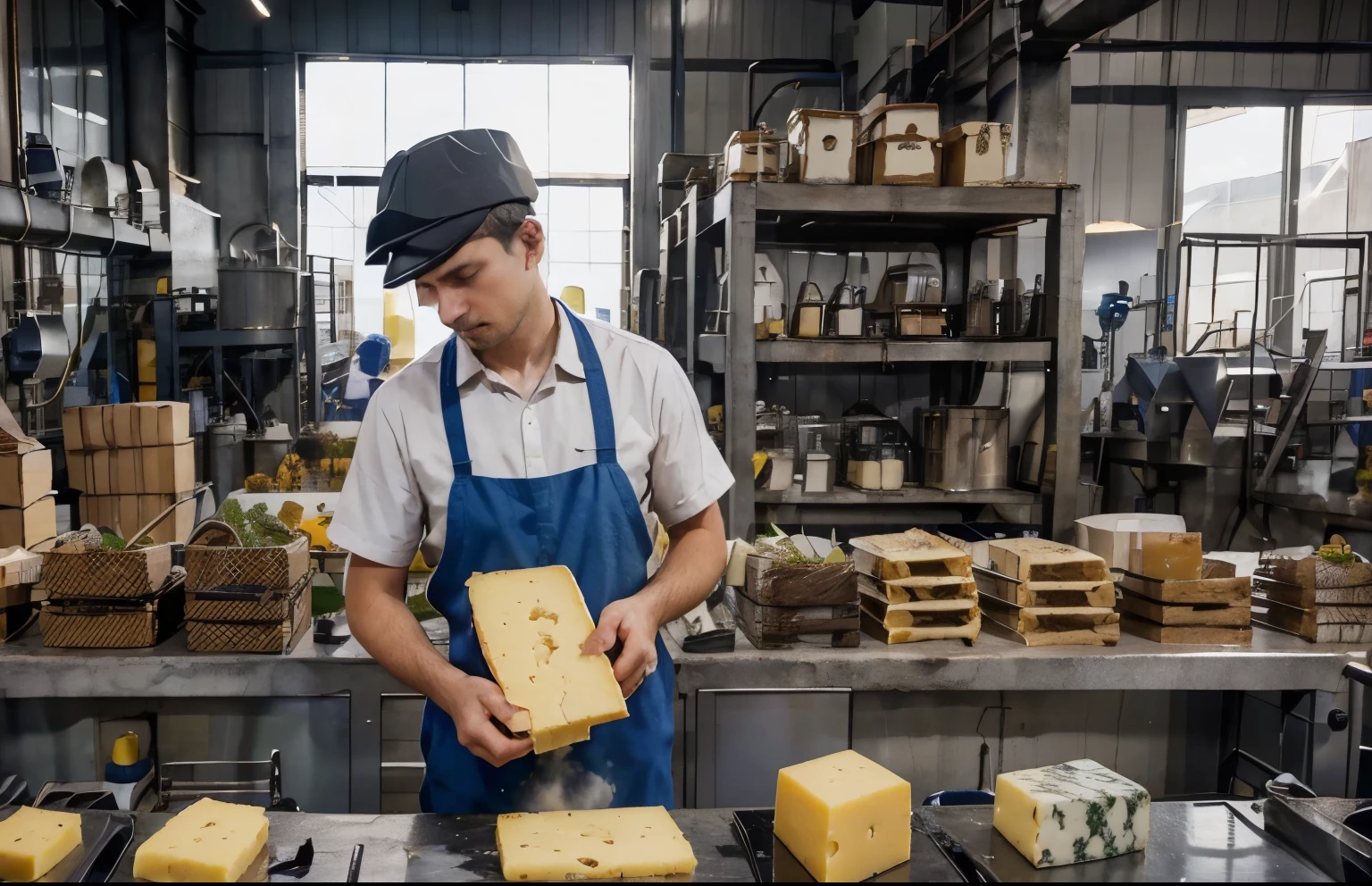 a cheese factory with worker hiding some ingredient added to the chesse
