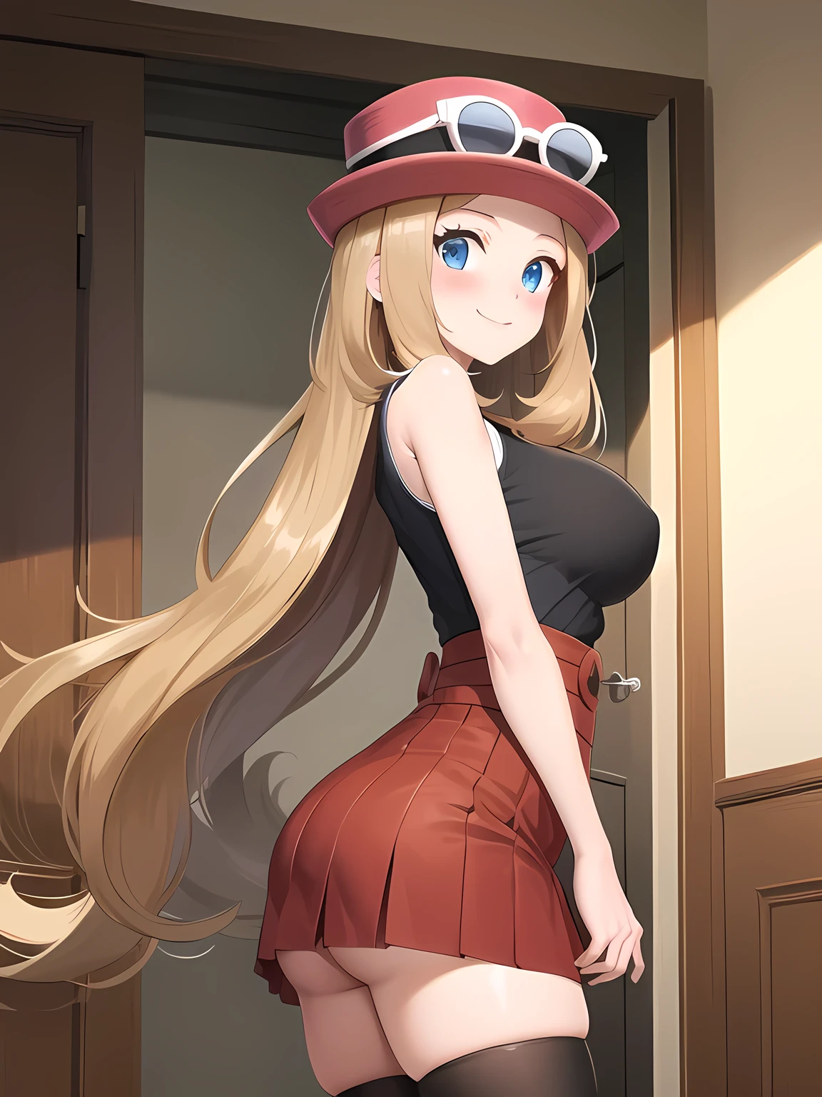 masterpiece, best quality, highres, aaserena, solo, long hair, eyewear on headwear, pink headwear, eyelashes, blue eyes, sleeveless shirt, black shirt, high-waist skirt, red skirt, black thighhighs, standing, cowboy shot, smile, standing at open doorway to a bedroom, large breasts, very long hair, blushing, arms behind back, side on view