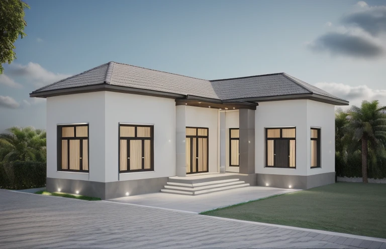 PLATFORM KTHOUSE, 1 morden villa, slope roof, main material of villa about build color wall:1.2 glass panel:1.1 and stone:1.2, 1large yard, 1 road runs in front of the house, (RAW photo, real, best quality, masterpiece:1.2), look morden minimalist, 1 road in front of the house, dynamic lighting:1.3, (hyper realistic, photo-realistic:1.2), high quality, (dark lighting:1.2), perfect lighting, archdaily, no human, light at 12 noon, light in door:1.3