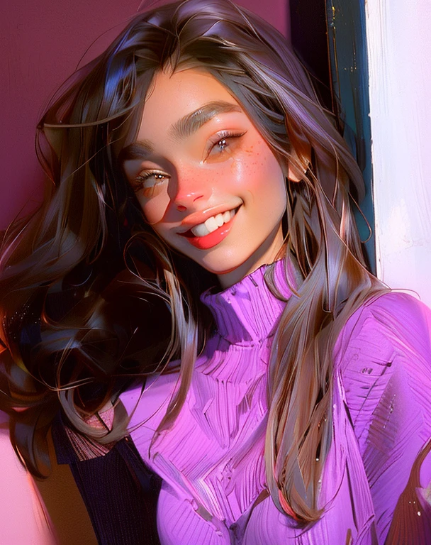 (Obra Prima, Melhor Qualidade, 4K, Realista), Litografia realista, Woman in a purple turtleneck and sunglasses in front of a door, Violeta Myers, Lorena Avarez, ayahausca, kind smile, sorriso bonito, Alanis Guillen, Mulher de de Cuba, fernanda suarez, linda e sorridente, mulher de 17 anosr de 2 0 anos