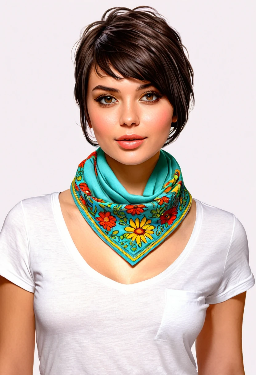 crea una mujer de pelo corto pixie, with t-shirt and neckerchief , obra maestra, estilo ilustracion de Ali Erturk, alto detalle, hiperrealista, luz natural,ilustracion , colores llamativos y flores en el fondo