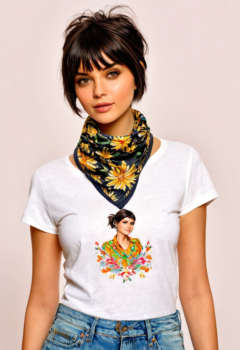 crea una mujer de pelo corto pixie, with t-shirt and neckerchief , obra maestra, estilo ilustracion de Ali Erturk, alto detalle, hiperrealista, luz natural,ilustracion , colores llamativos y flores en el fondo