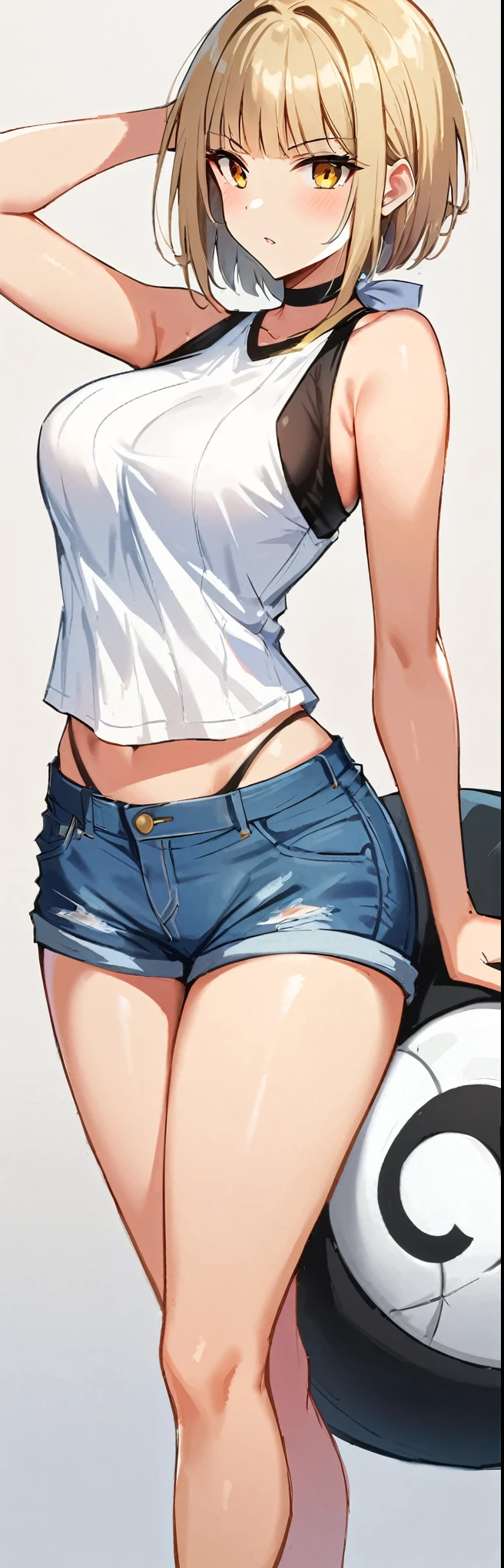 (Obra de arte, melhor qualidade:1.2), 1 garota, Sozinho,standing_dividir, 
cabelo longo, Regata branca sem mangas，shorts jeans azuis