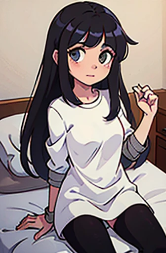 Garota de cabelos pretos longos, encima de uma cama, em um quarto, deitada encima de uma cama, looking at the camera, opening your legs towards the camera, her hand is on her black pantie