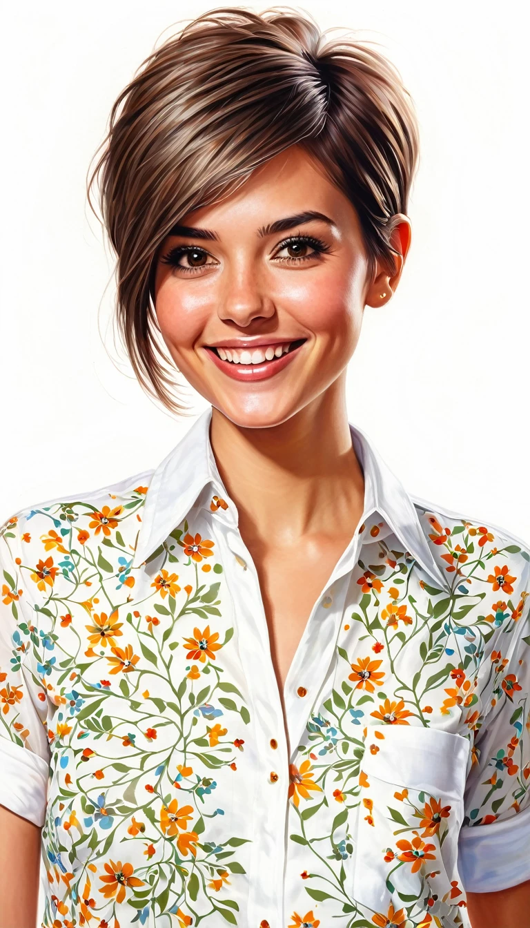crea una mujer de pelo corto pixie, sonriendo con camisa de cuello alto , obra maestra, estilo ilustracion de Ali Erturk, alto detalle, hiperrealista, luz natural,ilustracion , colores llamativos y flores en el fondo