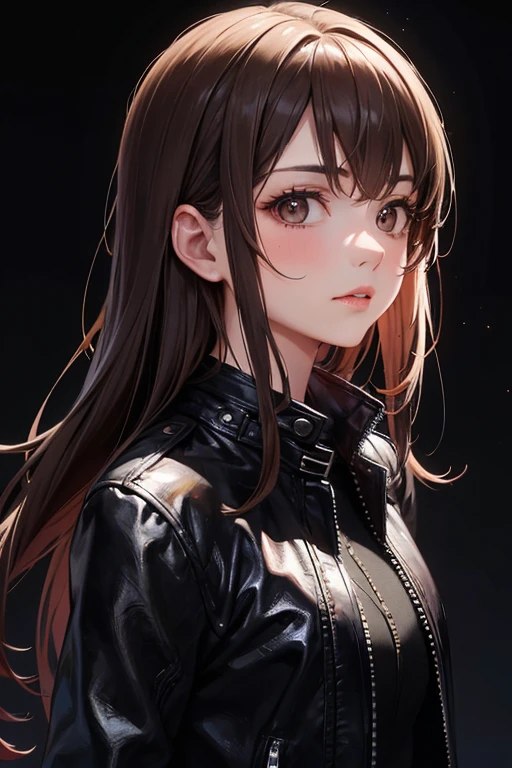 Portrait of a beautiful European woman,alone,24 years,beautiful face,long dark brown hair, no bangs, sharp focus, black background,from the front,facing forward,Upper body, dark brown eyes, black shirt leather jacket