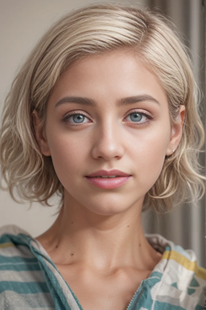 (Best quality, high quality), (masterpiece, portrait, 8k full HD), 1girl, Emily Rudd, 18 years old, Very white hair, short haircut, Full lips, very small breasts, narrow hips, thin waist, posing, towel, ((Retro)) (most detailed photo, HD wallpaper), ((photo art by David Dubnitsky ))