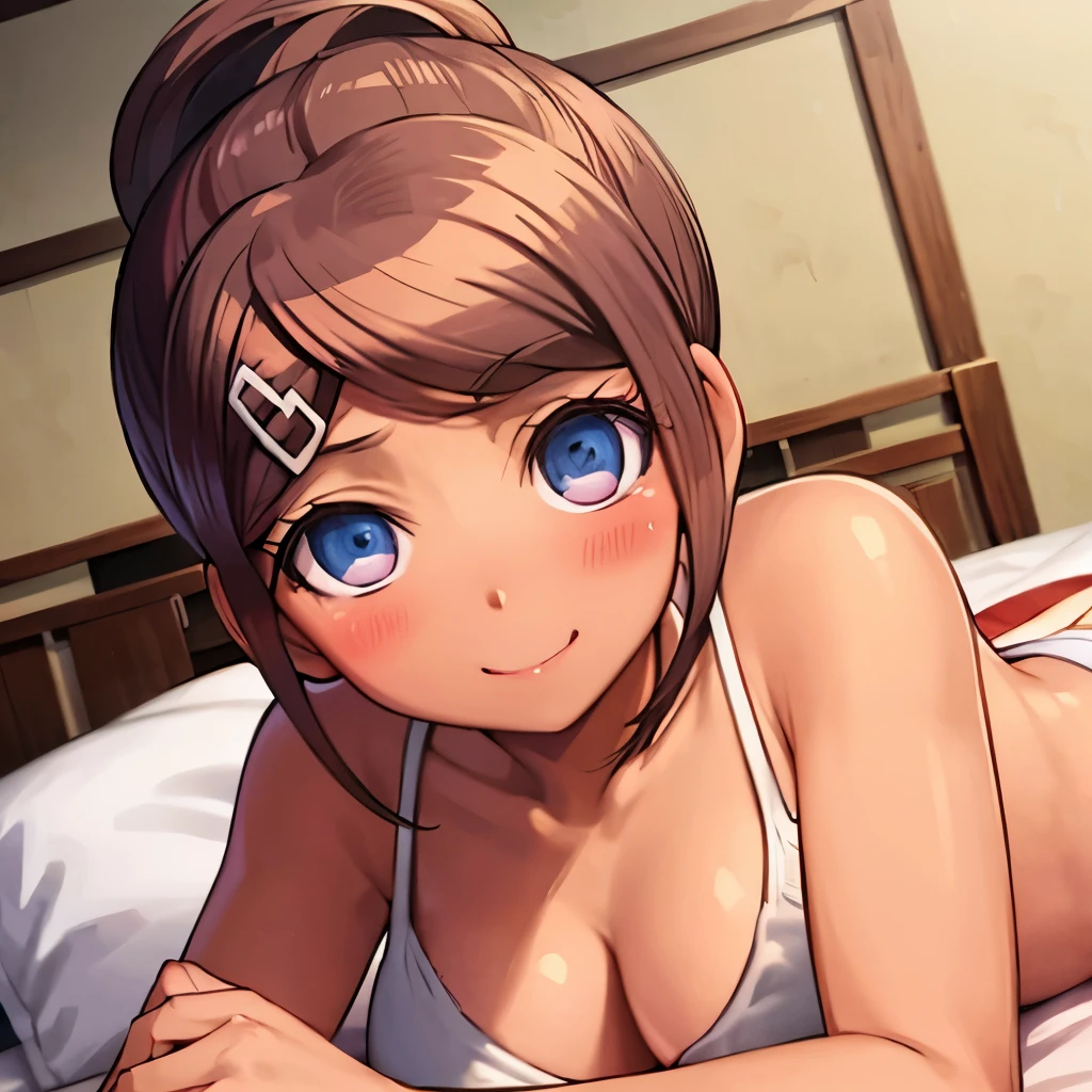 Aoi asahina, laying in bed, no clothes, looking at viewer, blushing