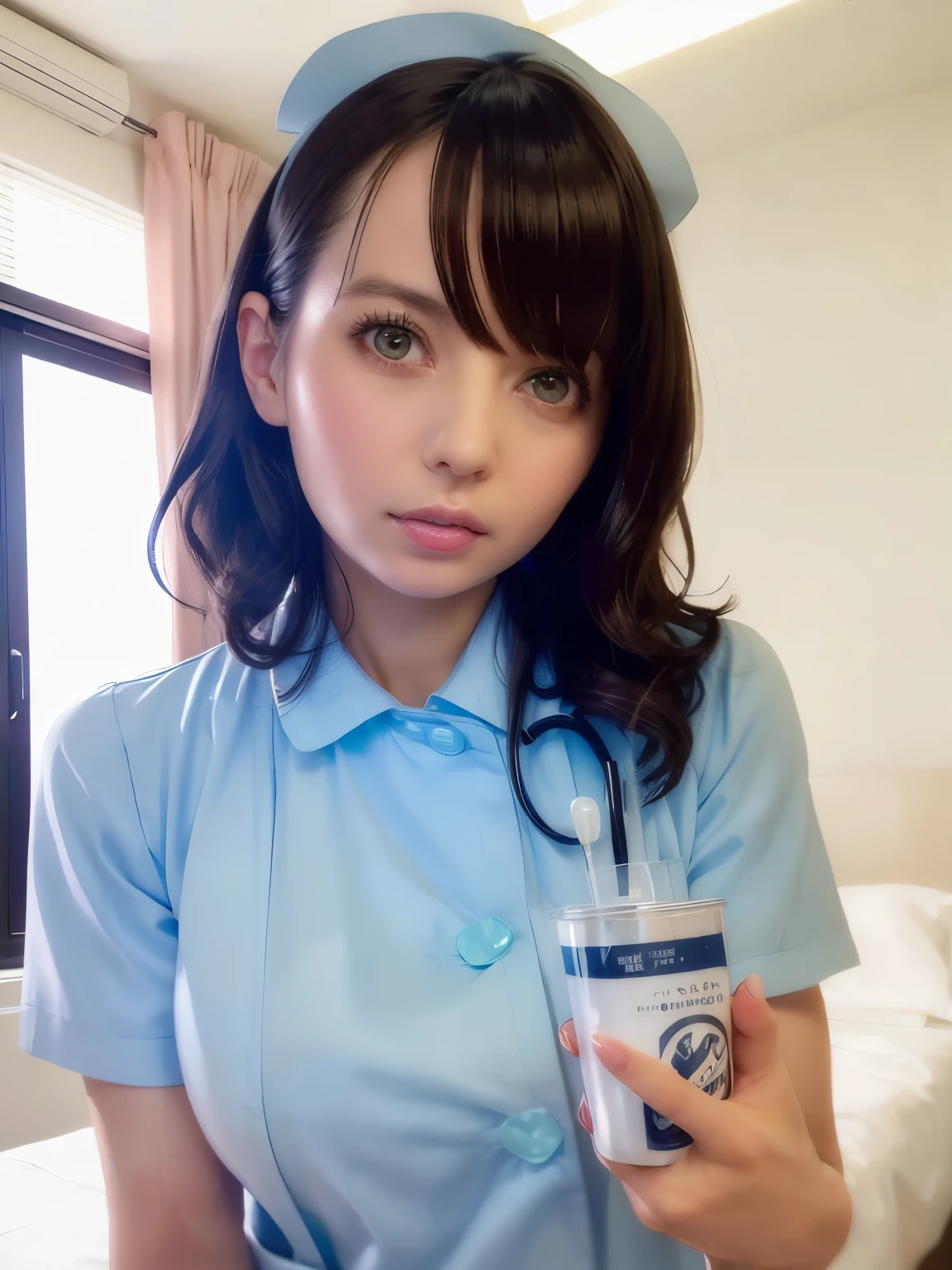 1 girl,(Wearing white nurse clothes:1.2),(RAW Photos, highest quality), (Realistic, photo-Realistic:1.4), masterpiece, Very delicate and beautiful, Very detailed, 2k wallpaper, wonderful, finely, Very detailed CG unity 8k wallpaper, Very detailed, High resolution, Soft Light, Beautiful detailed girl, Very detailed eyes and face, Beautiful and detailed nose, finely beautiful eyes,  Perfect Anatomy, Black Hair, Upstyle, ((Large Breasts、nude)), Hospital room, Neck auscultation,Face close-up,(Becky)