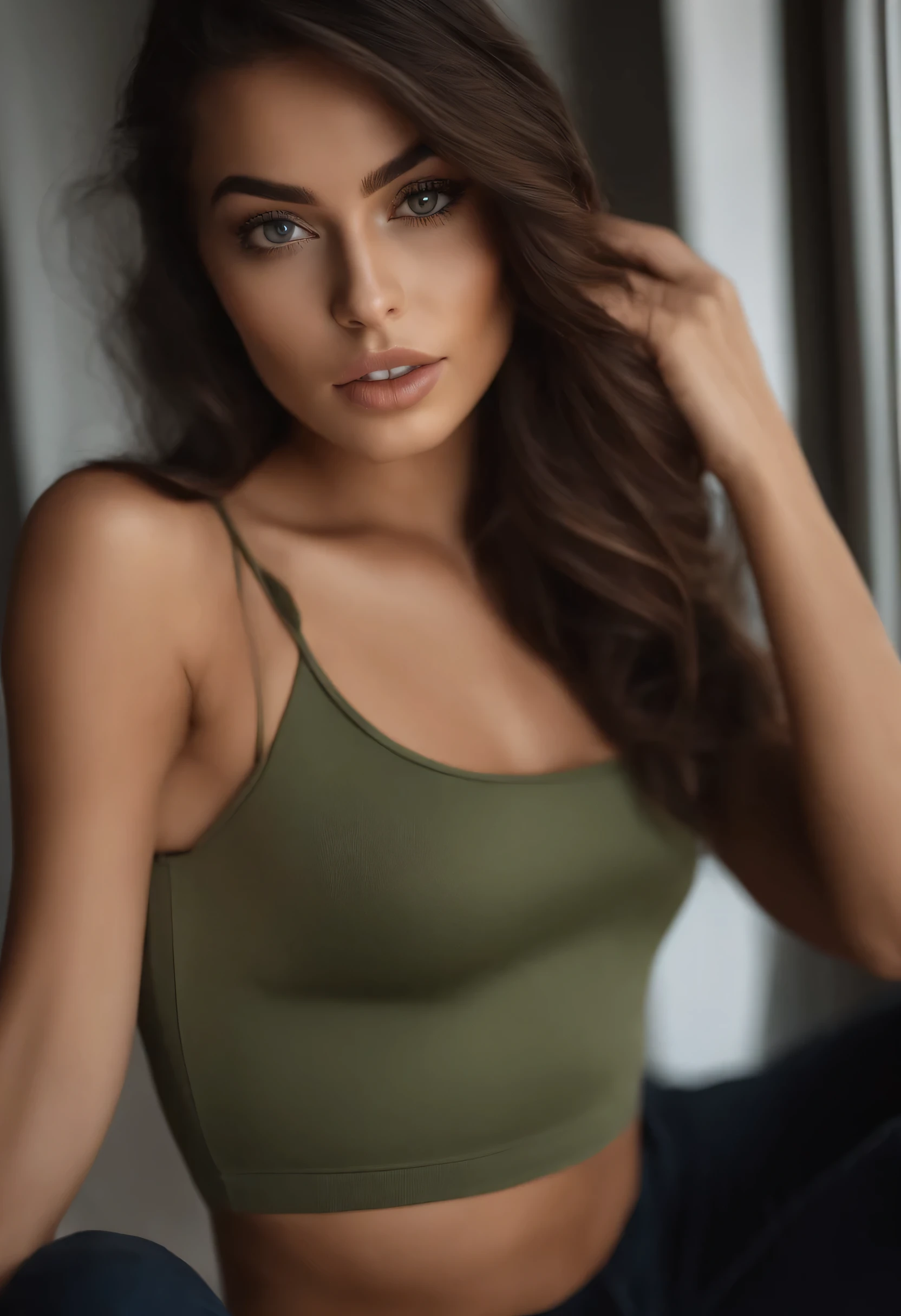 Arafed Woman wearing a white tank top and necklace, Fille sexy aux yeux verts, Portrait de Sophie Mudd, cheveux bruns et grands yeux, Selfie d&#39;une jeune femme, yeux de la chambre, Violette Myers, Sans maquillage, Maquillage naturel, regardant directement la caméra, Comment escroquer Artgram, maquillage subtil, Impresionante foto de corps entier, yeux verts perçants, bel angle, pose attrayante, Jolie  fille, pose sexy, Image du corps entier, corps entier, séance photo sur tout le corps, Brown Goddess, high detail, Pose satisfaite, pantalon en cuir