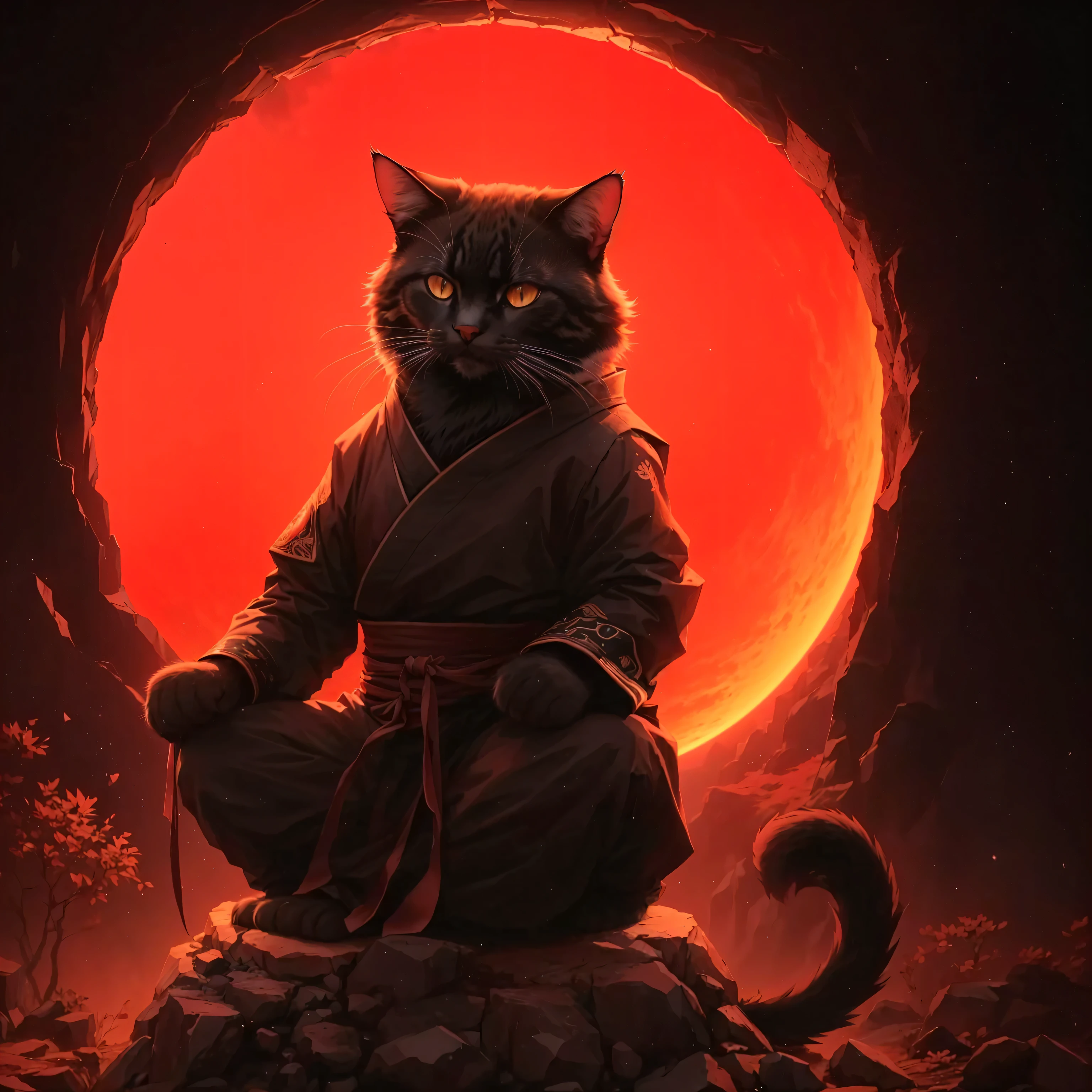 there is a cat sitting on a rock with a red sun in the background, the dark deus dos gatos, anthropomorphic ninja cat, gato samurai, badass anime 8 k, ninja cat, monge tabaxi, inspirado em Gatoken Shunshi, deus dos gatos, arte 4k, Arte digital detalhada em 4k, gato o assassino