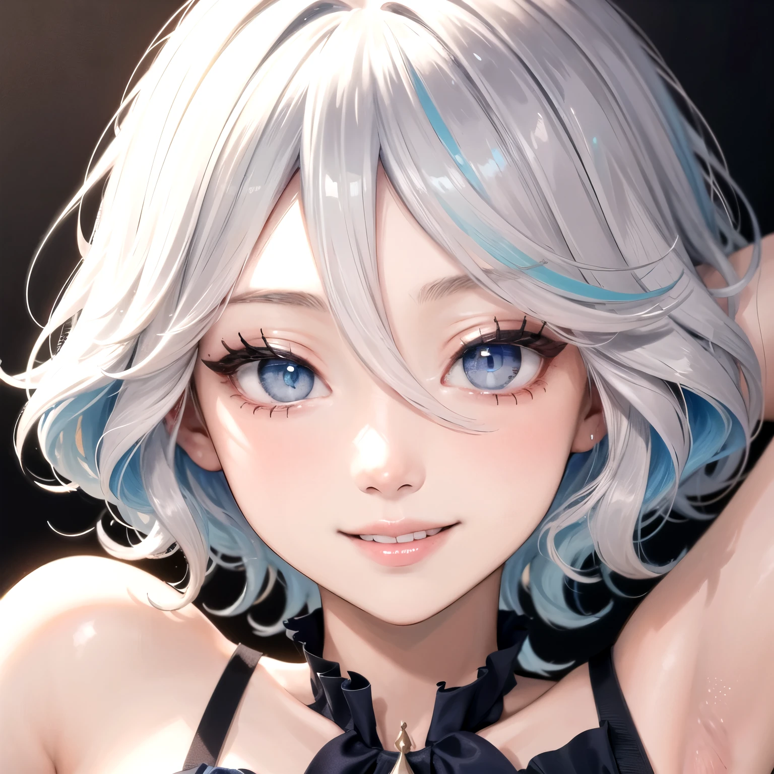 ((best quality)), ((masterpiece)), (detailed), perfect face. Asian girl. Smile. White hair. Armpit.