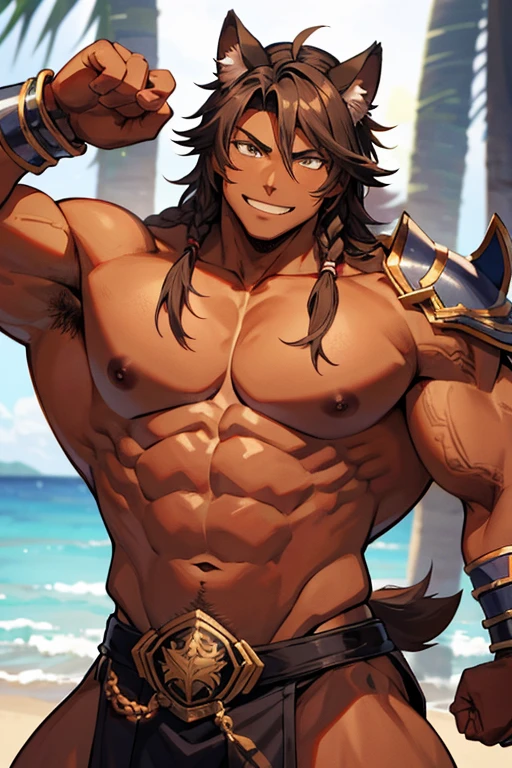 tmasterpiece，best qualityer, muscular, malefocus，bodybuilder, Animal ear，solo，dark skin, ssmile，flexing his muscles, Keep one's mouth shut，O cabelo multicolorido，brown  hair，Dog boy，White hair，nipple tassels，Dog ears，Armour，Striped hair（beachbackground:1.4),(kbxll:0.6)