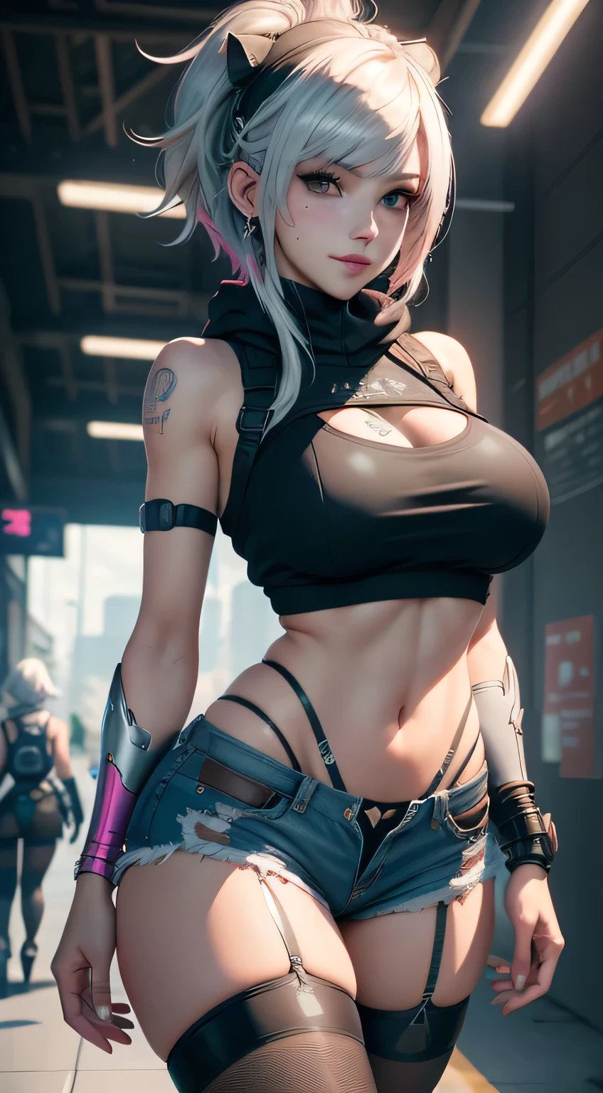 sfw, gwen tennyson,tracer,yorha 2b,y'shtola rhul,overwatch,nier automata,mecha pilot,shopping center,tattoos,orange and pink plugsuit,white short sleeve top,denim micro shorts,fishnet garter belt, uncovered belly,short hair,cute makeup,green eyes,multicolored silver hair,sexy smile,freckles,beautiful girl,large breasts,8k,ultra detailed, realistic,fantasy art,skater uniform,ear piercings,cyberpunk suit,saiyan girl, saiyan female,pink short sleeve sport hoodie,bear ear beanie,graffiti wall art,walking,small backpack, wearing bra,((skinny waist)), young asian girl, ((big breasted)),