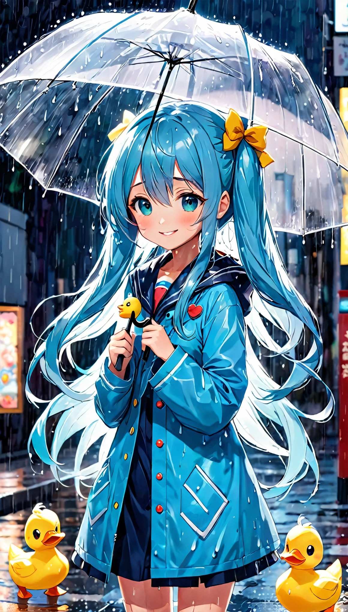 Anime girl with umbrella and duck in the rain, Light blue long hair、Twin-tailed Girl, Adorable smile cute anime, Splash art anime , Cute Anime Girl, Gweitz, on a rainの日, After it rains and there are no girls, rainの日, under the rain, Cute art style, rain, artwork in the style of Gweitz, In a rainy environment, Cute pretty girl、Facial highlights