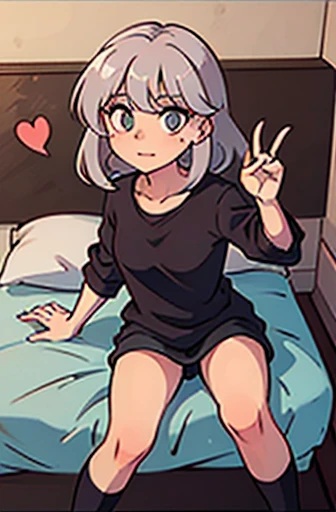 Garota de cabelos pretos longos, em um quarto, deitada encima de uma cama, opening your legs making a V towards the camera while looking at it