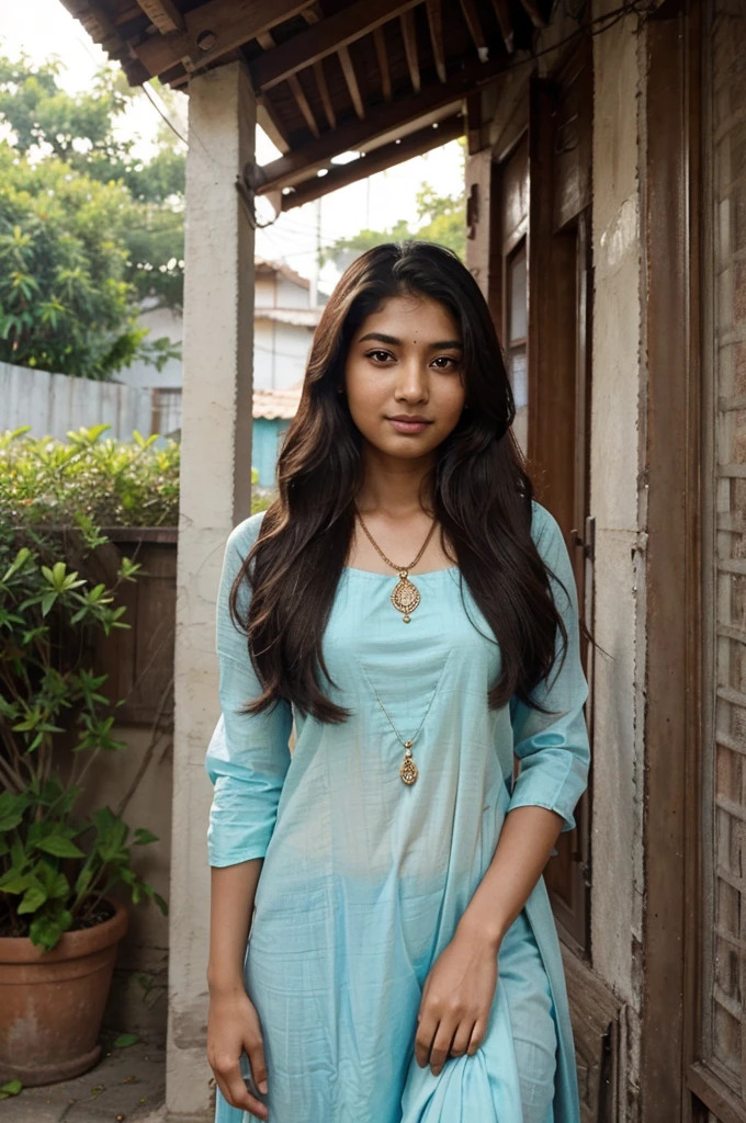 24 years old indian bengali girl look like sai pallavi who wearing light cyan color indian churidar with dupatta, kind face, beautiful light wavy thin hair, attractive neck, beautiful lip, beautiful-cute brown eyes, light and thin eyebrows, no makeup, wearing light chain in her neck, and smiling.skin color should be chocolate skin and lip light pink color Take her picture from outside. Show me her full picture (from head to her leg), indian pose