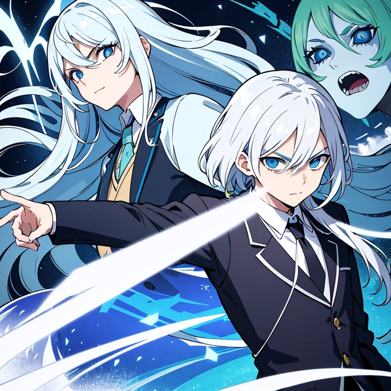 Obra de arte, melhor qualidade, ((1 homem)),cabelo azul,olhos verdes,Serious expression, sorridente,cintura para cima,arte de linha,cabelo medio,blazer branco,camiseta preta,olhos inexpressivos,((Estilo Tite Kubo))