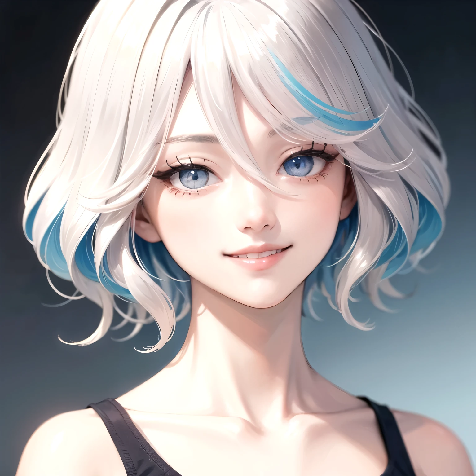 ((best quality)), ((masterpiece)), (detailed), perfect face. Asian girl. Smile. White hair. Tanktop.