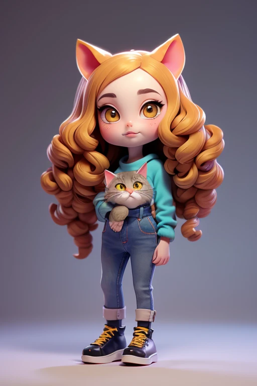 Imagen perfecta , long brown curly hair girl with lens, blue sweatshirt and pale jeans, zapatos azules, cara perfecta con un gatito gris de rayas a su lado 
