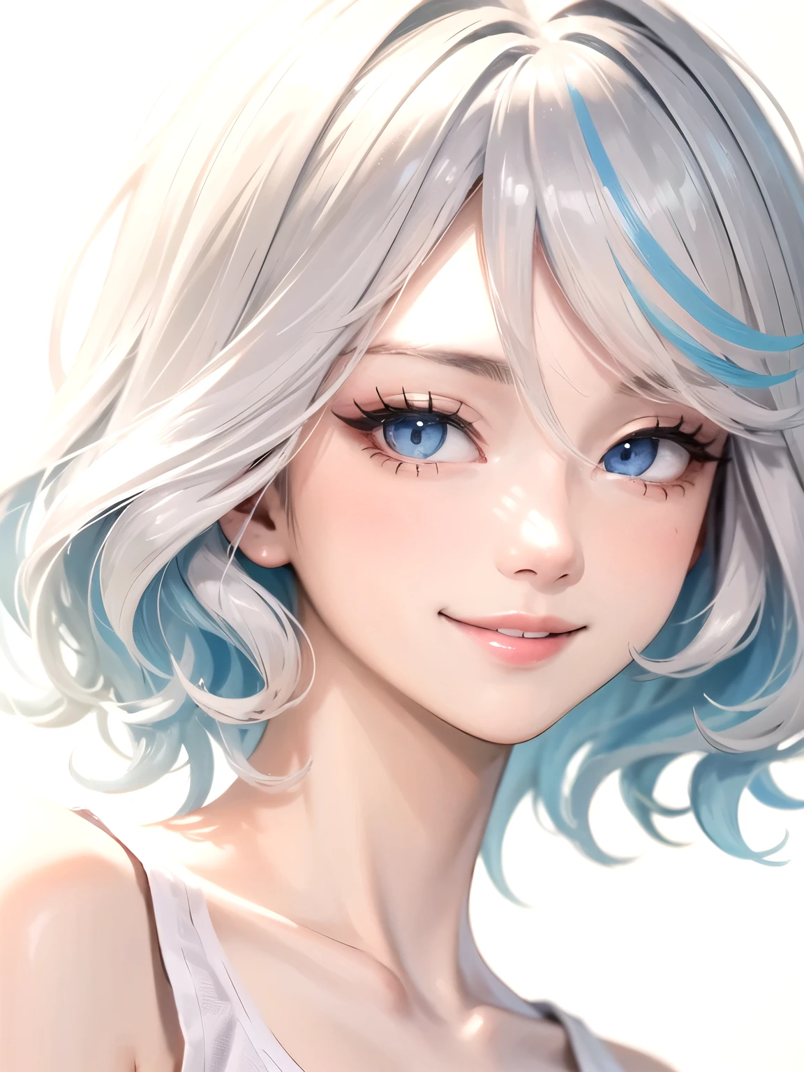 ((best quality)), ((masterpiece)), (detailed), perfect face. Asian girl. Smile. White hair. Tanktop.