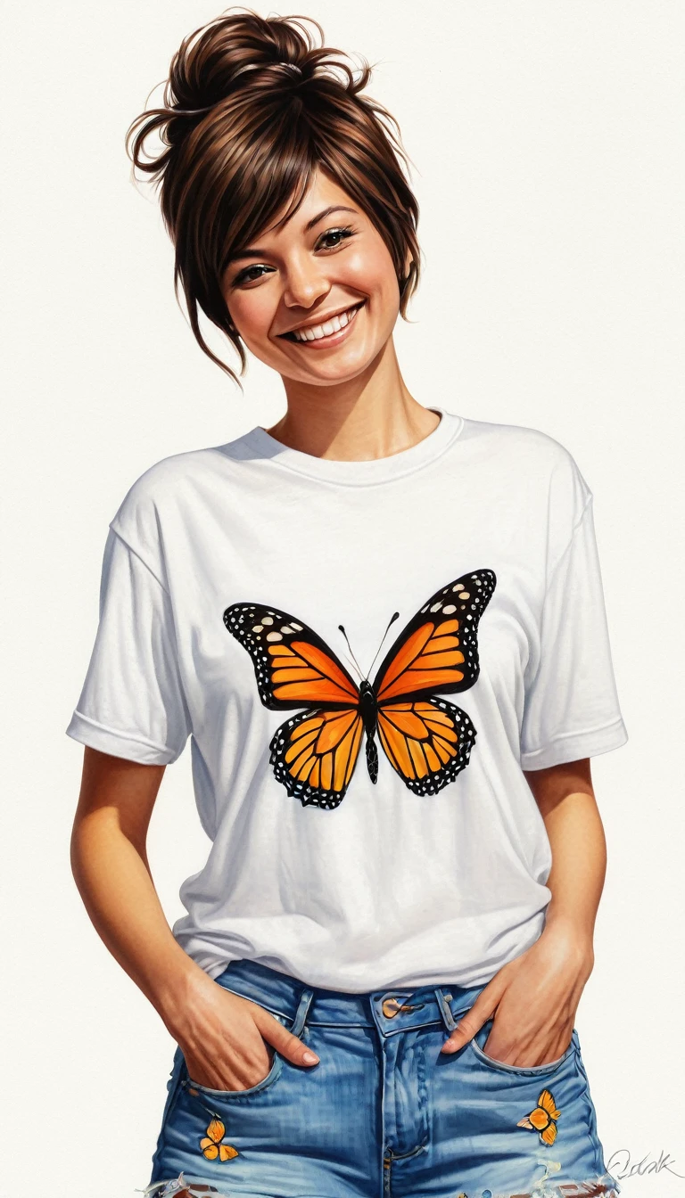 crea una mujer pelo corto pixie sonriendo con camiseta, flores y mariposas en el fondo , obra maestra, estilo ilustracion de Ali Erturk, alto detalle, hiperrealista, luz natural,ilustracion , colores llamativos