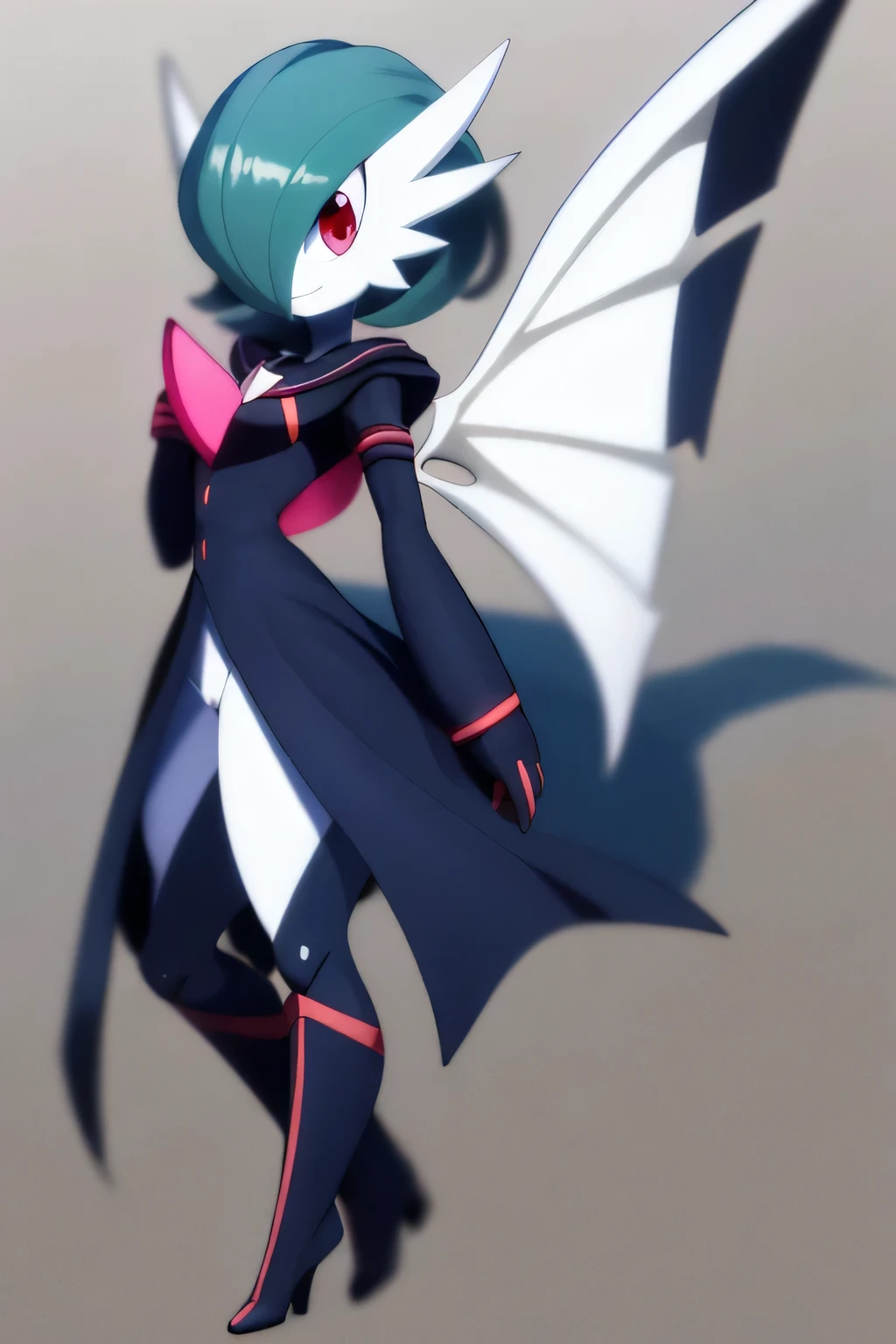 masterpiece, best quality, solo, gardevoir, creatures \(company\), game freak, nintendo, pokemon, pokemon \(game\), bangs, colored skin, female focus, flat chest, pokemon gen 3, green hair, hair faded, green skin, hair over one eye, multicolor skin, pokemon \(creature\), red eyes, short hair, two-color skin, white skin, masterpiece, best quality, ultra detailed, extremely detailed, illustration, single, matoi ryuuko , dark armor, magical girl, dragon wings, kill prey, big breasts, abs, wide hips, thighs, pants, standing, black suit, full body, boots, smile, sweater, miniskirt, black sweater, black suit, sword in hand, suit on chest and legs,