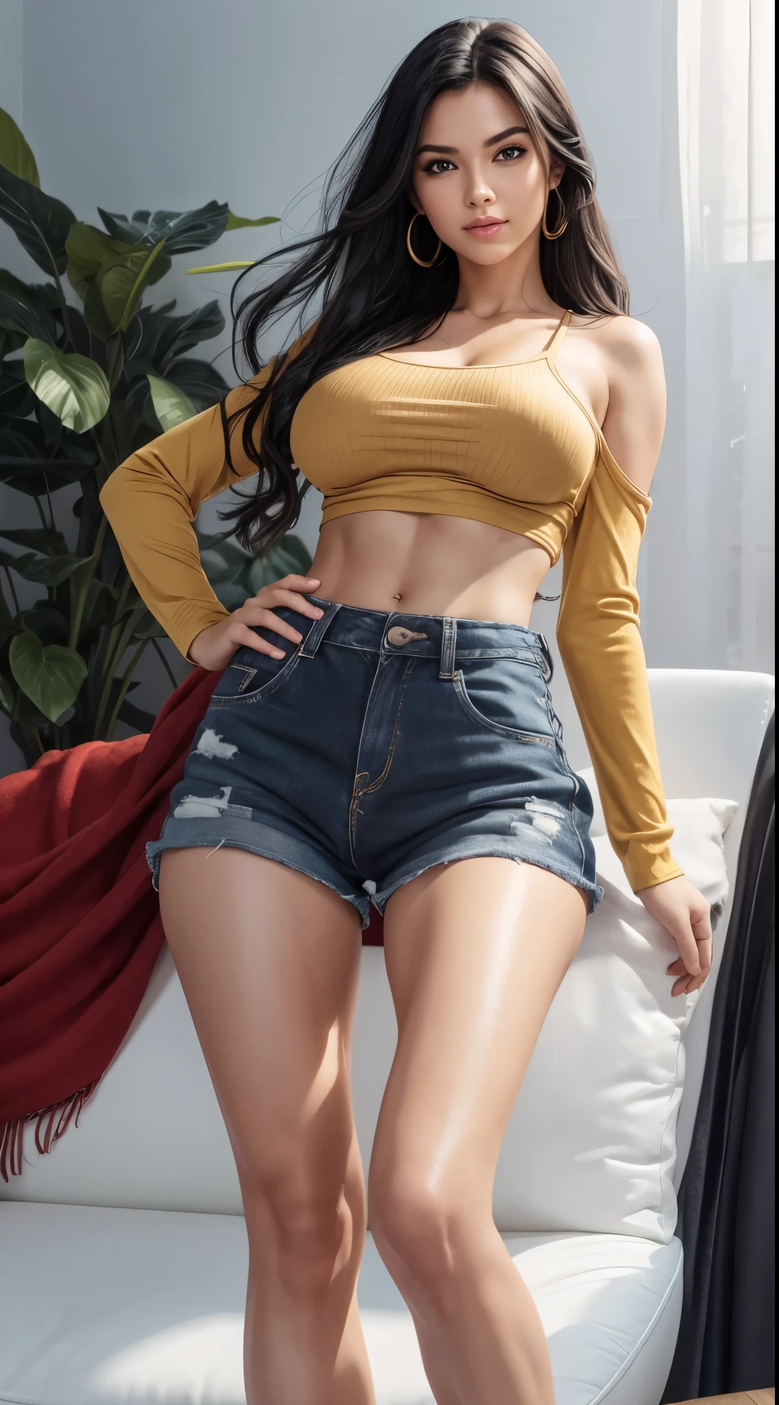 realistic, 1gril, per HD, 12k, wearing Allstars shoes, slim body, rather big body, six pack body, big round breasts, no clothes, beautiful breasts, looking at the camera, sitting on the sofa, long black hair, facial details, detailed person, body details, clothing details, hair details, body details, body details, breast details, vagina details, clothes, eye details, sweat details, water details, pose (knees bent and legs wide apart) whole body