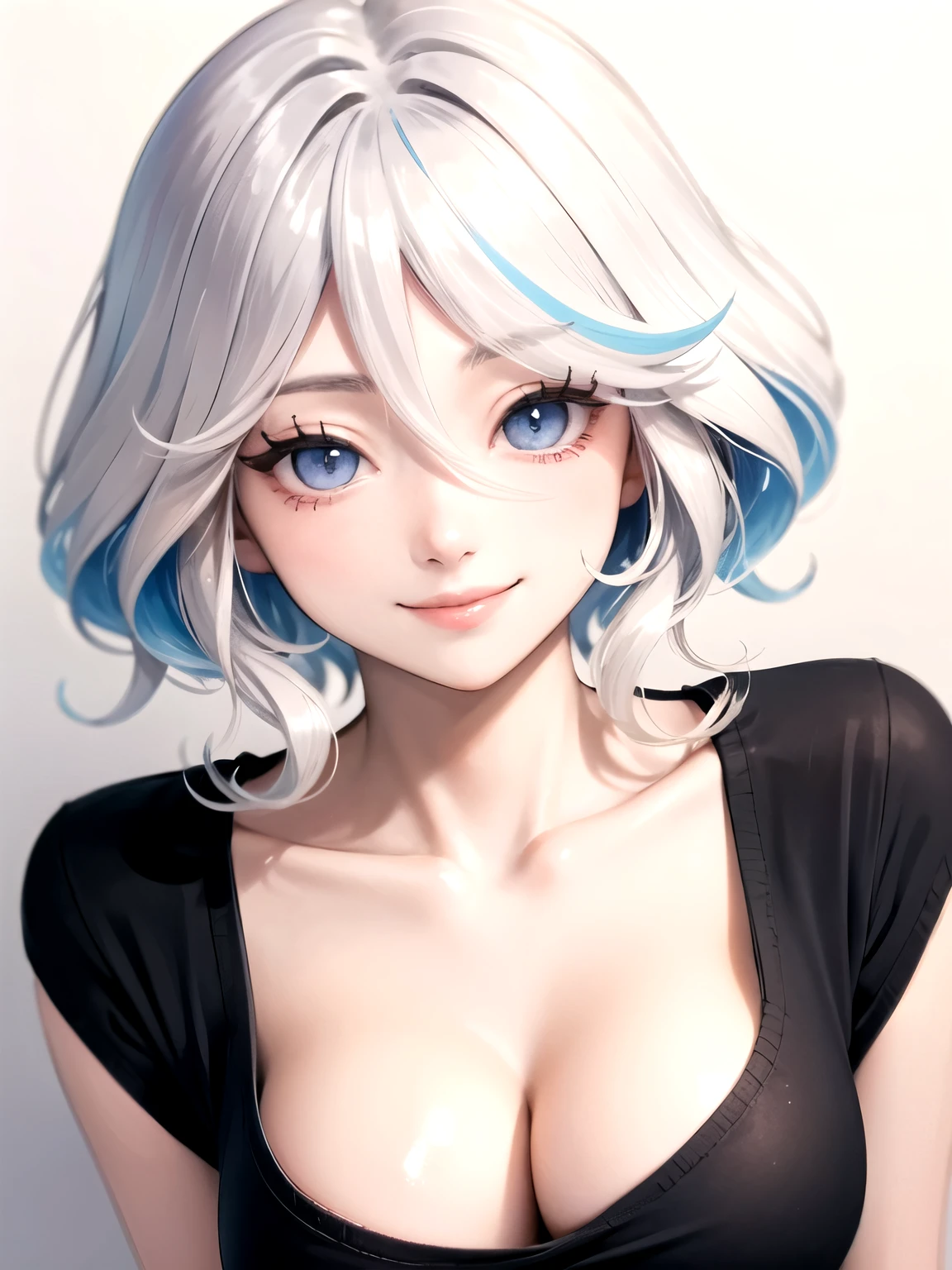 ((best quality)), ((masterpiece)), (detailed), perfect face. Asian girl. Smile. White hair. tanktop. Small breast. Cleavage.
