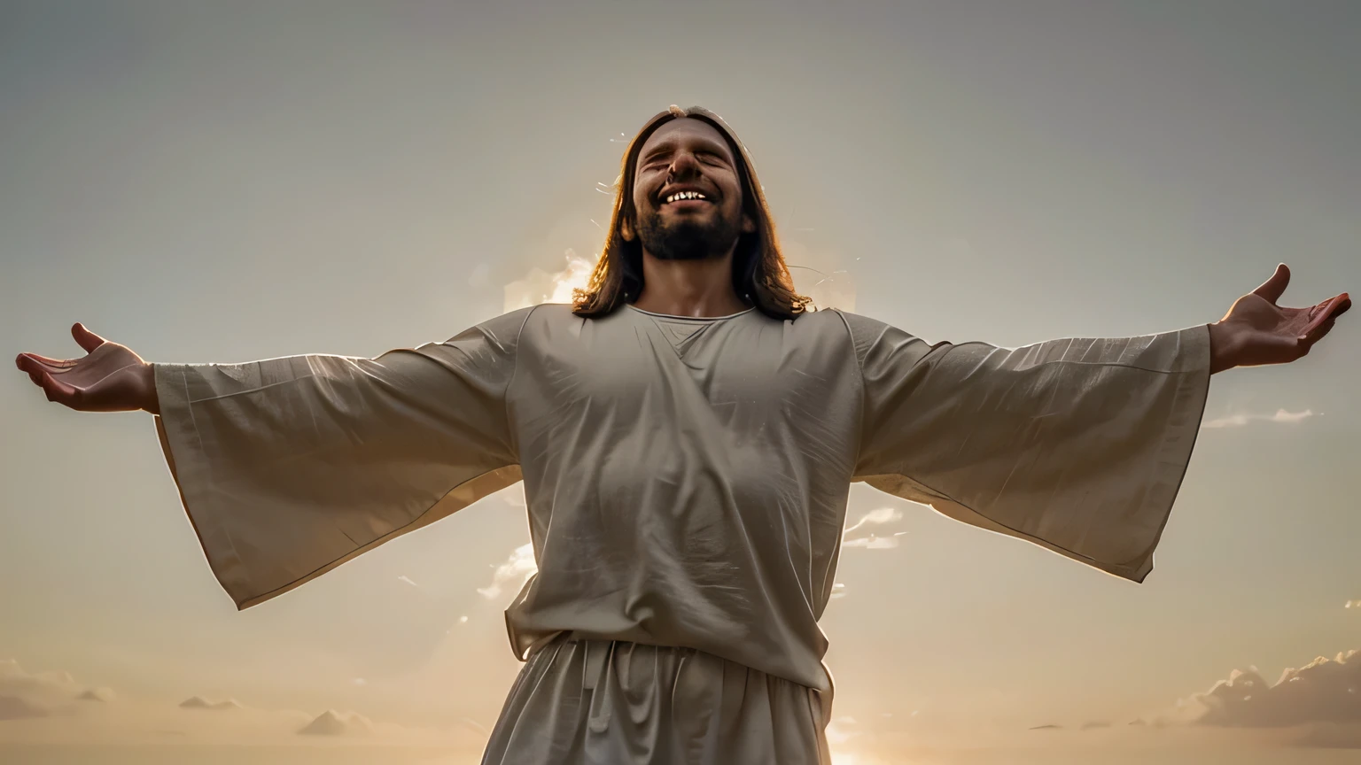 an image of Jesus Christ, floating in the air, with his arms outstretched, with a loving smile on his face