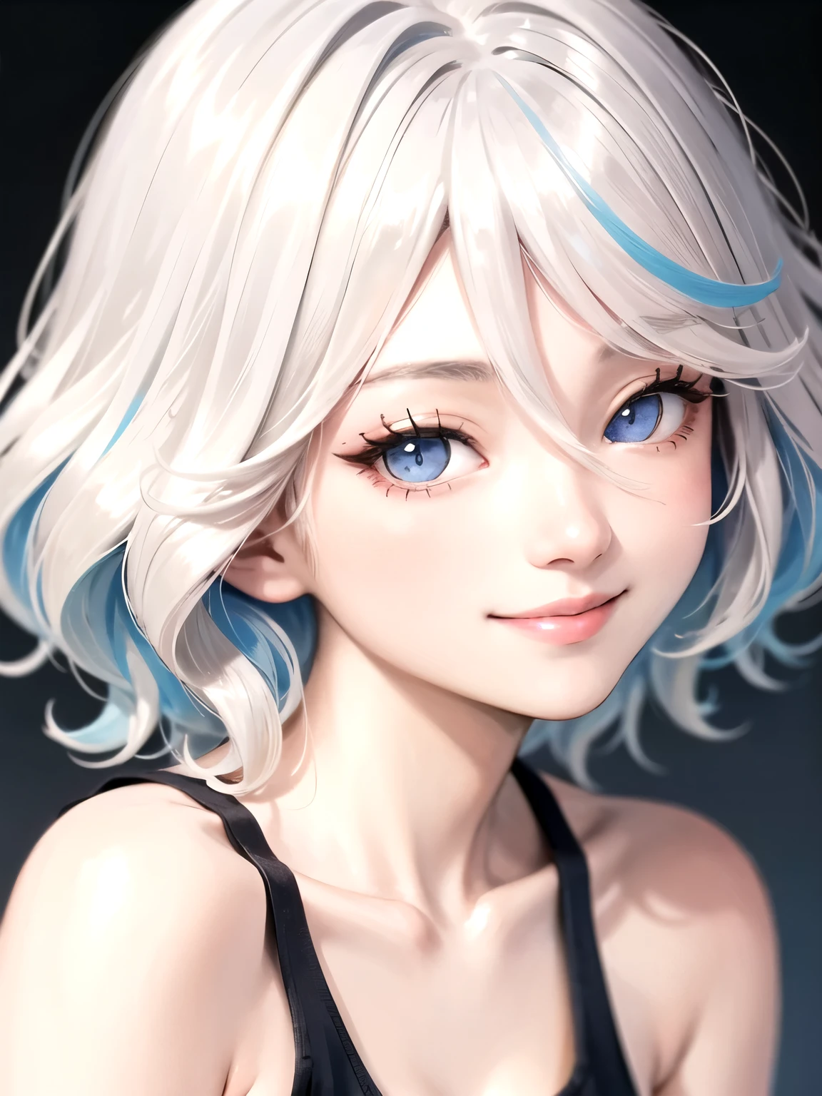 ((best quality)), ((masterpiece)), (detailed), perfect face. Asian girl. Smile. White hair. Tanktop.