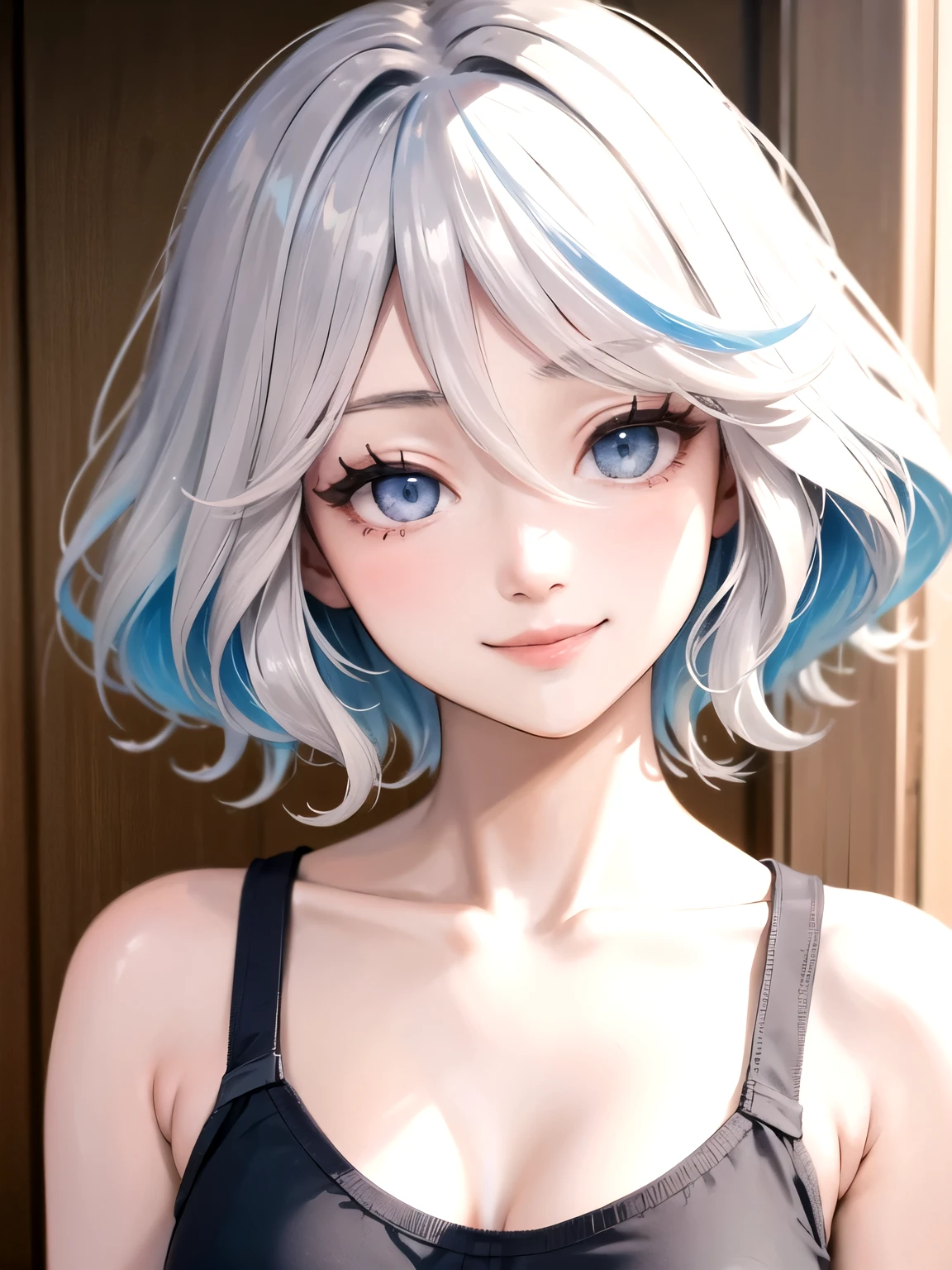 ((best quality)), ((masterpiece)), (detailed), perfect face. Asian girl. Smile. White hair. Tanktop.