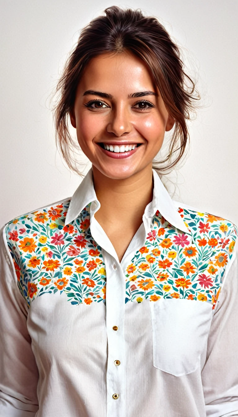 crea una mujer , sonriendo con camisa de cuello alto , obra maestra, estilo ilustracion de Ali Erturk, alto detalle, hiperrealista, luz natural,ilustracion , colores llamativos y flores en el fondo