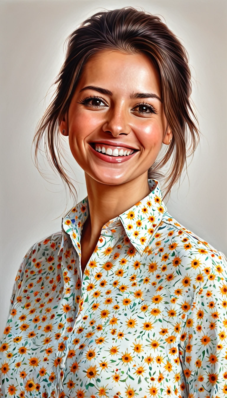 crea una mujer , sonriendo con camisa de cuello alto , obra maestra, estilo ilustracion de Ali Erturk, alto detalle, hiperrealista, luz natural,ilustracion , colores llamativos y flores en el fondo
