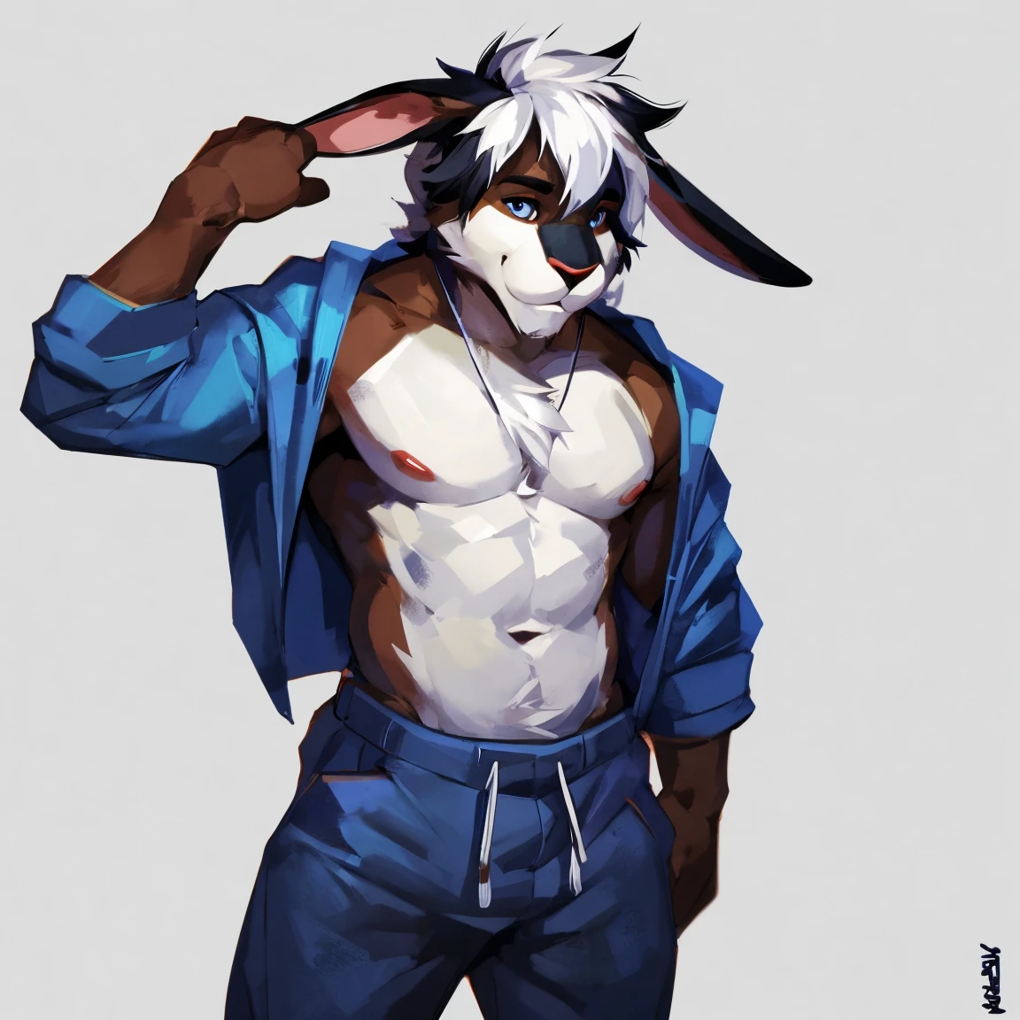 Rabbit, solo, black and white hair, body in two colors, face in two colors, black and white, with long ears, shirtless, in jeans, chest, big chest view, baggy pants, By mystikfox61