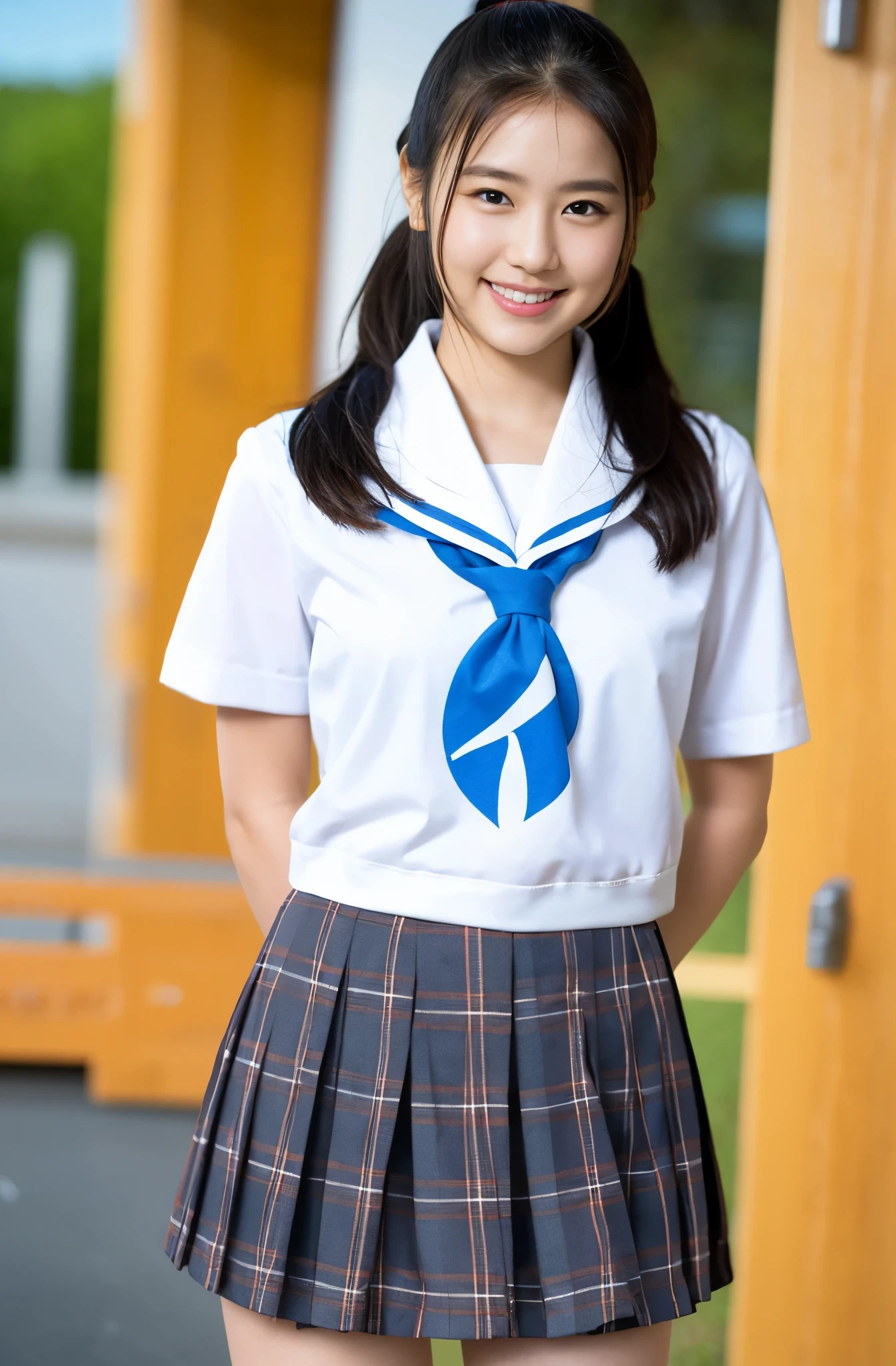 High resolution, Very detailed,Ultra HD,girl wearing japanese high-school uniform , (round face),Very cute face, Plaid super mini skirt,Japanese,18-year-old,A big smile,(whole body,Beautiful thighs,Big Breasts),Black hair ponytail,looking at the camera