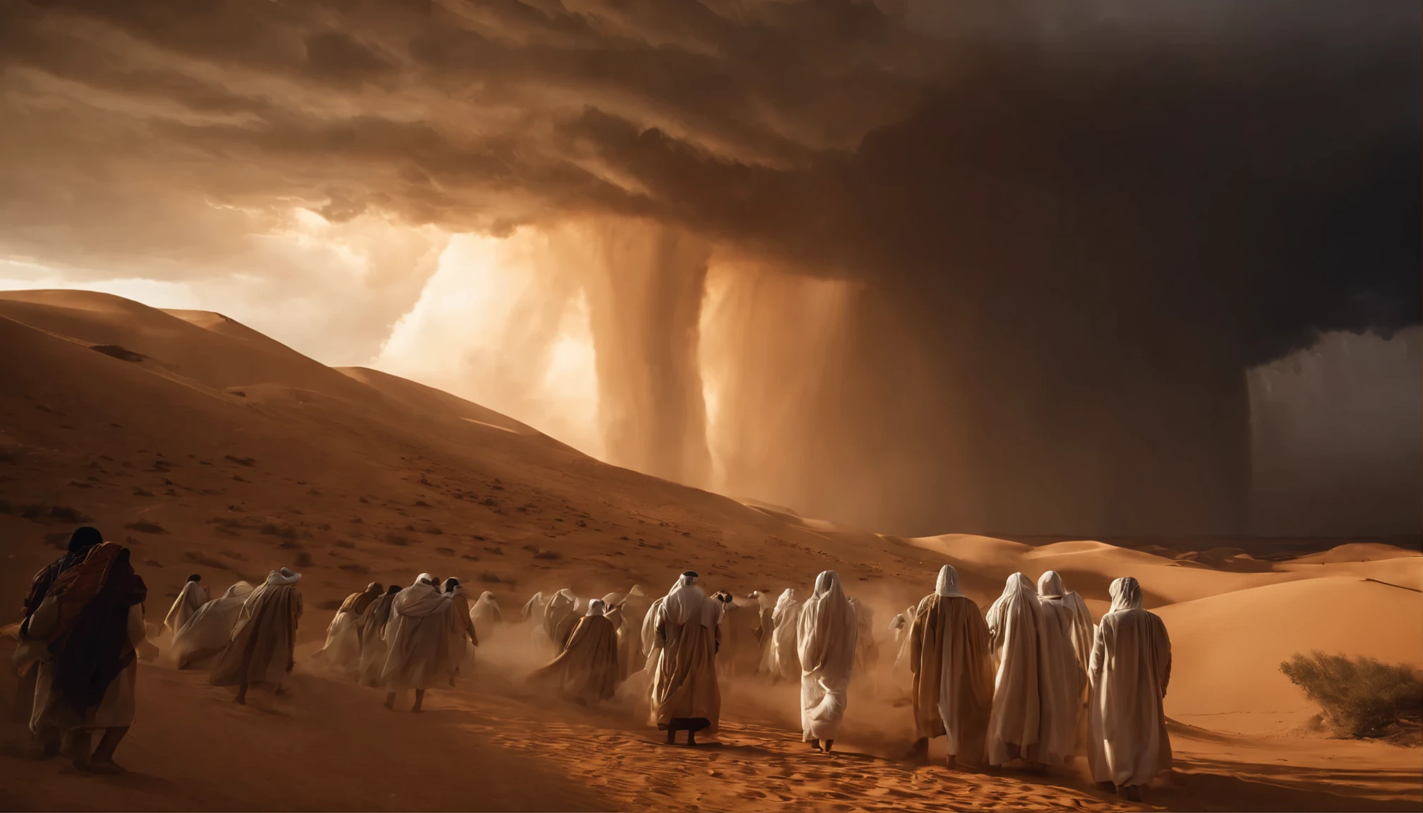 (melhor qualidade, 4k, 8k, high resolution, obra-prima: 1,2), ultra detalhado, (realista, fotorrealista, fotorrealista: 1,37), thousands of people in biblical robes, enfrentando um tornado no deserto, epic biblical scene, illustration , extreme detail description, dynamic lighting, biblical color palette, dramatic shadows, retrato, paisagem, tornado imponente e inspirador, atmosfera sagrada, The tornado appears in the distance, girando com nuvens escuras e ventos poderosos. It is a symbol of the forces of nature, representando perigo e poder. O deserto se estende abaixo, with golden sand dunes and sparse vegetation, aumentando a aspereza da cena. Em primeiro plano, thousands of people in biblical robes lindamente detalhadas estão reunidas, enfrentando o tornado. Every person&#39;s expression is filled with admiration, determination and sense of faith. Your eyes are full of hope and courage, while remaining united in the face of this extraordinary phenomenon. People are in semicircle formation, de costas para o espectador, symbolizing your unshakable faith and trust in a higher power. Some raise their hands in prayer, enquanto outros se apoiam uns nos outros. O vento sopra em suas vestes, creating a sense of movement and energy in the image. The scene is imbued with an epic, timeless quality., reminiscent of ancient biblical stories. The color palette is dominated by earthy tones, com tons quentes de dourado, laranja queimado e vermelhos profundos. The lighting is dramatic, with sunbeams shining through the storm clouds, lançando dramatic shadows na paisagem do deserto e nas pessoas. The level of detail in this work of art is extraordinary., capturando as dobras intrincadas das vestes, each person&#39;s individual facial features and the twisting motion of the tornado. It is rendered in a realistic style using advanced techniques, such as physically based rendering and professional studio lighting. No geral, esta obra de arte pretend