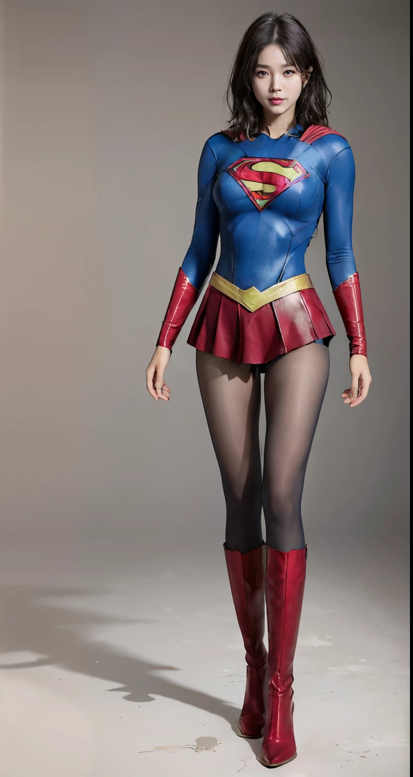 No background、(((Beautiful legs in black tights.)))、(((Legally express the beauty of your smile)))、((((Make the most of your original images)))、(((Body-hugging Supergirl costume)))、(((Supergirl Costume)))、(((Beautiful short hair)))、(((She is winking cutely.)))、(((Please wear black tights....、Wear red boots)))、((Best image quality、8k))、((highest quality、8k、masterpiece:1.3))、(((Preserve background )))、Sharp focus:1.2、Beautiful woman with perfect figure:1.4、Slim Abs:1.2、Wet body:1.5、Highly detailed face and skin texture、8k