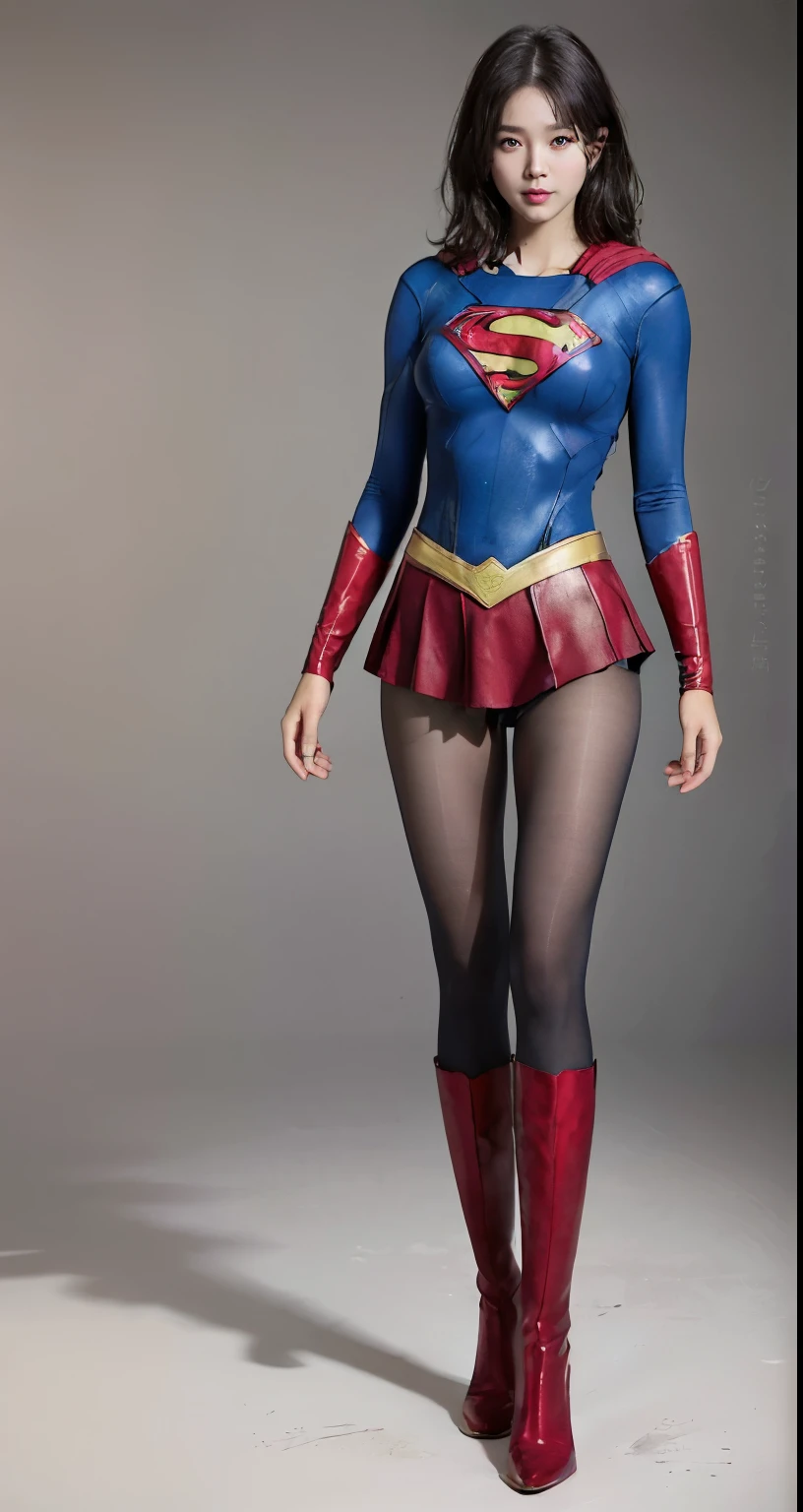 No background、(((Beautiful legs in black tights.)))、(((Legally express the beauty of your smile)))、((((Make the most of your original images)))、(((Body-hugging Supergirl costume)))、(((Supergirl Costume)))、(((Beautiful short hair)))、(((She is winking cutely.)))、(((Please wear black tights....、Wear red boots)))、((Best image quality、8k))、((highest quality、8k、masterpiece:1.3))、(((Preserve background )))、Sharp focus:1.2、Beautiful woman with perfect figure:1.4、Slim Abs:1.2、Wet body:1.5、Highly detailed face and skin texture、8k