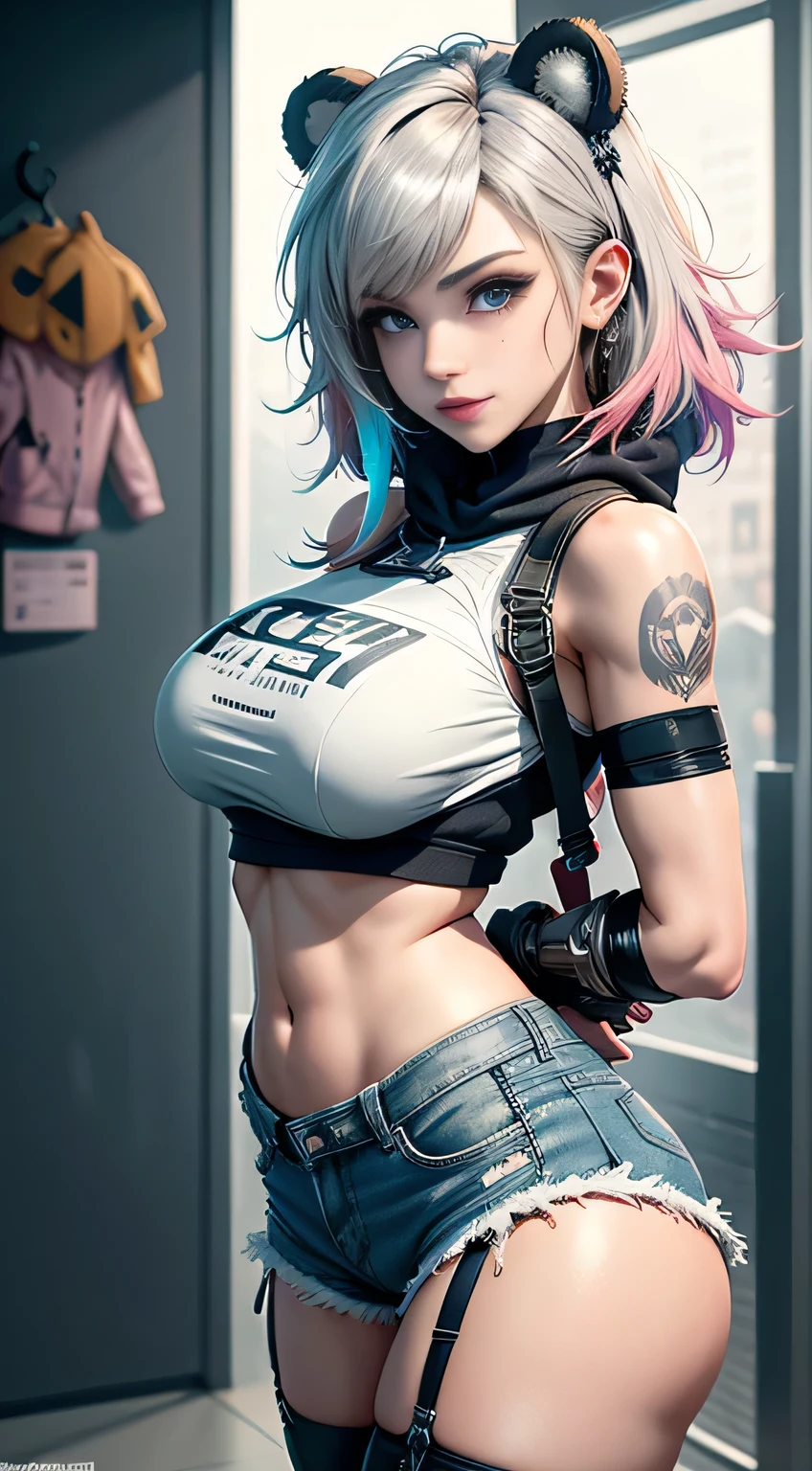 sfw, gwen tennyson,tracer,yorha 2b,y'shtola rhul,overwatch,nier automata,mecha pilot,shopping center,tattoos,orange and pink plugsuit,white short sleeve top,denim micro shorts,fishnet garter belt, uncovered belly,short hair,cute makeup,green eyes,multicolored silver hair,sexy smile,freckles,beautiful girl,large breasts,8k,ultra detailed, realistic,fantasy art,skater uniform,ear piercings,cyberpunk suit,saiyan girl, saiyan female,pink short sleeve sport hoodie,bear ear beanie,graffiti wall art,walking,small backpack, wearing bra,((skinny waist)), young asian girl, ((big breasted)),